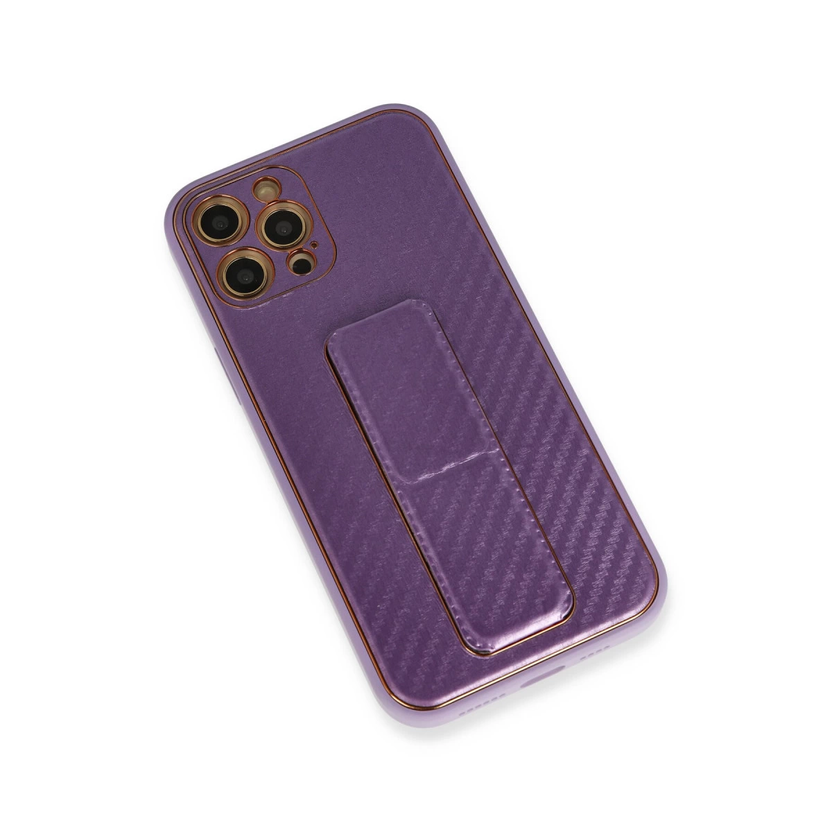 Kamera lensli ve stantlı mor telefon kılıfı.