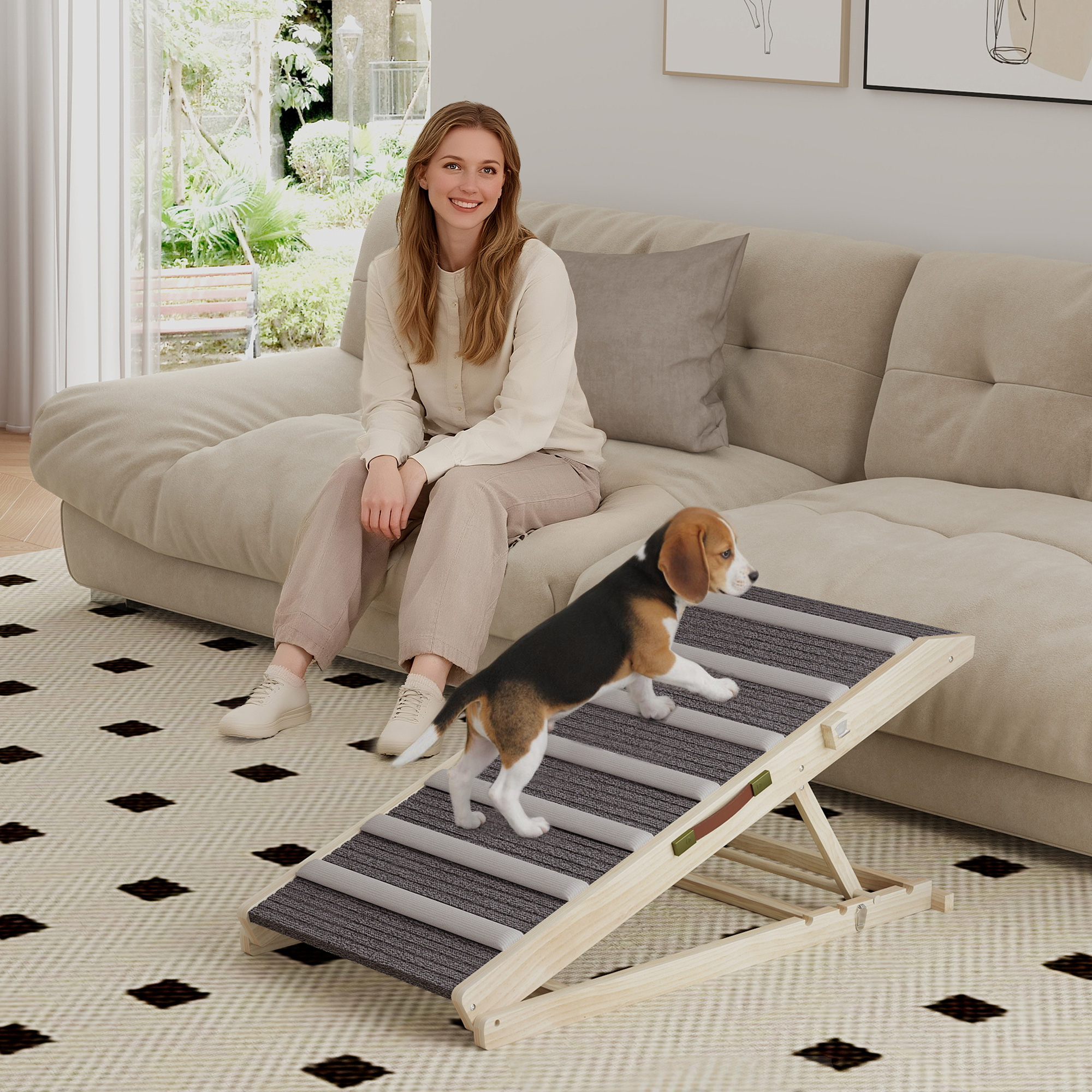 Una mujer se sienta en un sofá mientras un beagle sube una rampa.