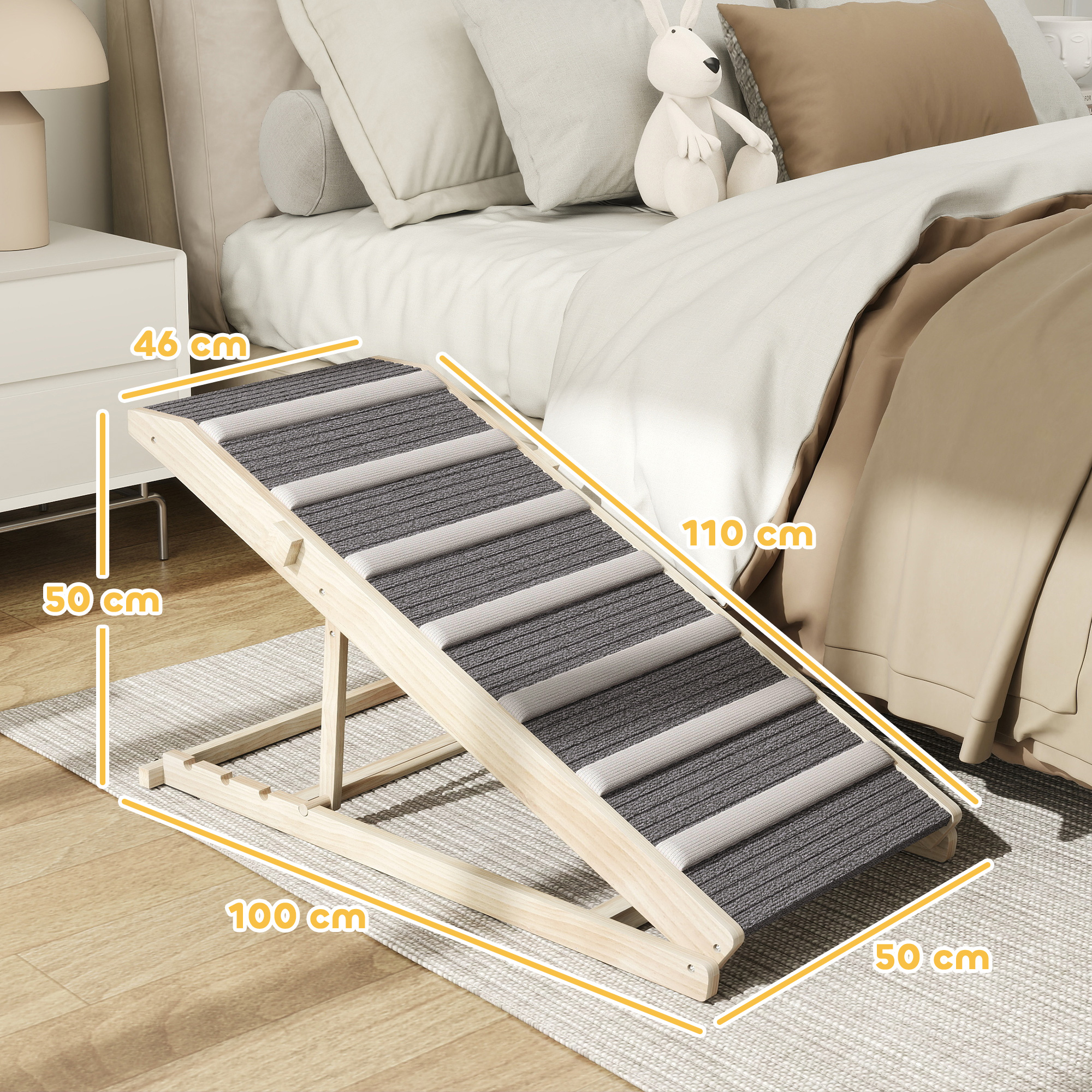 Una rampa ajustable para mascotas de madera con escalones grises y blancos.