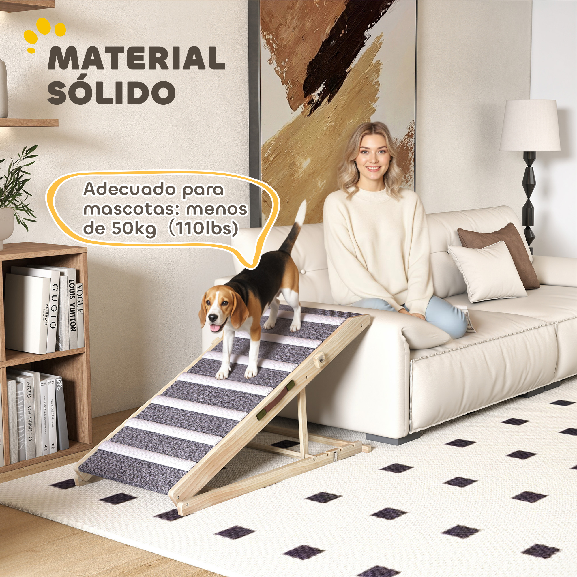 Un perro sube una rampa frente a un sofá, con una estantería cerca.