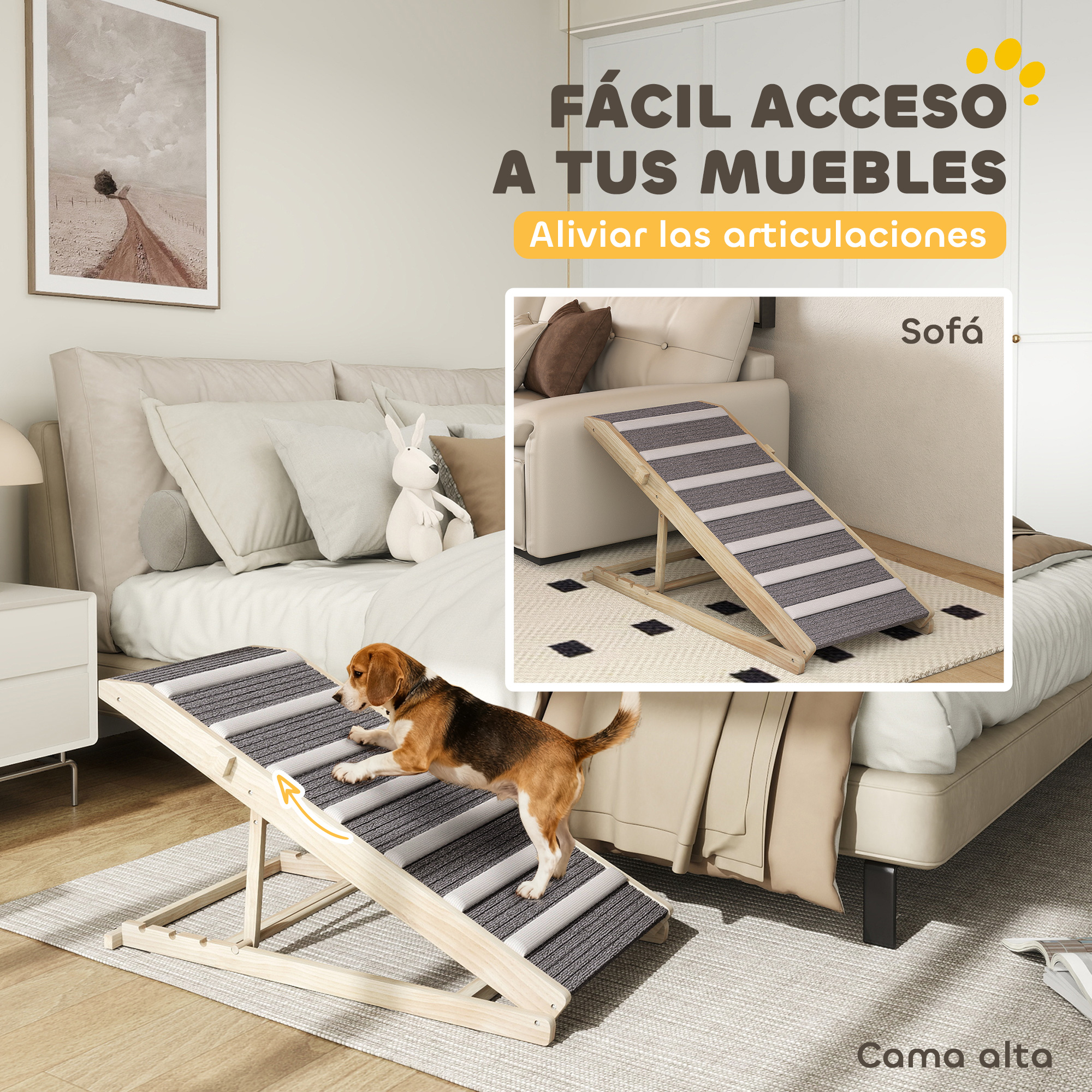 Un cachorro beagle sube una rampa de madera con rayas grises. Un sofá se ve al fondo.