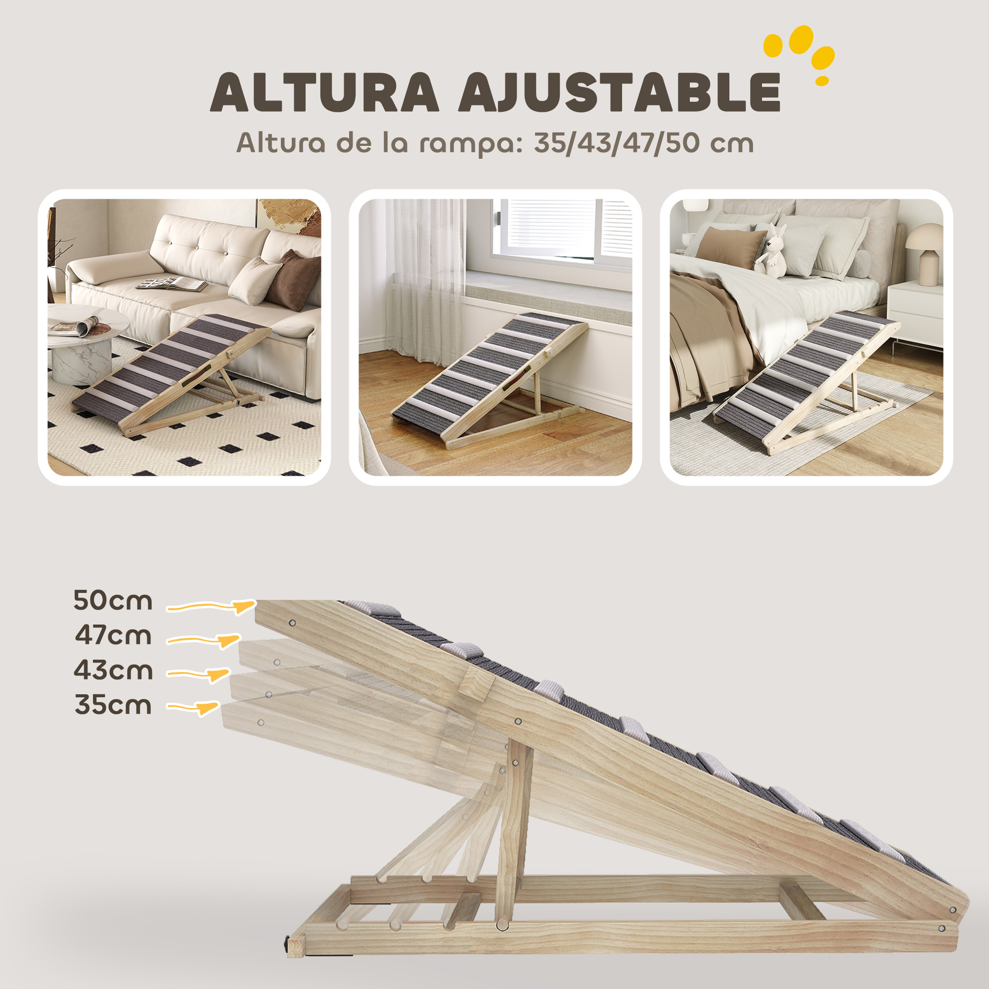 Rampa ajustable de madera para mascotas con superficie de rayas grises y blancas.