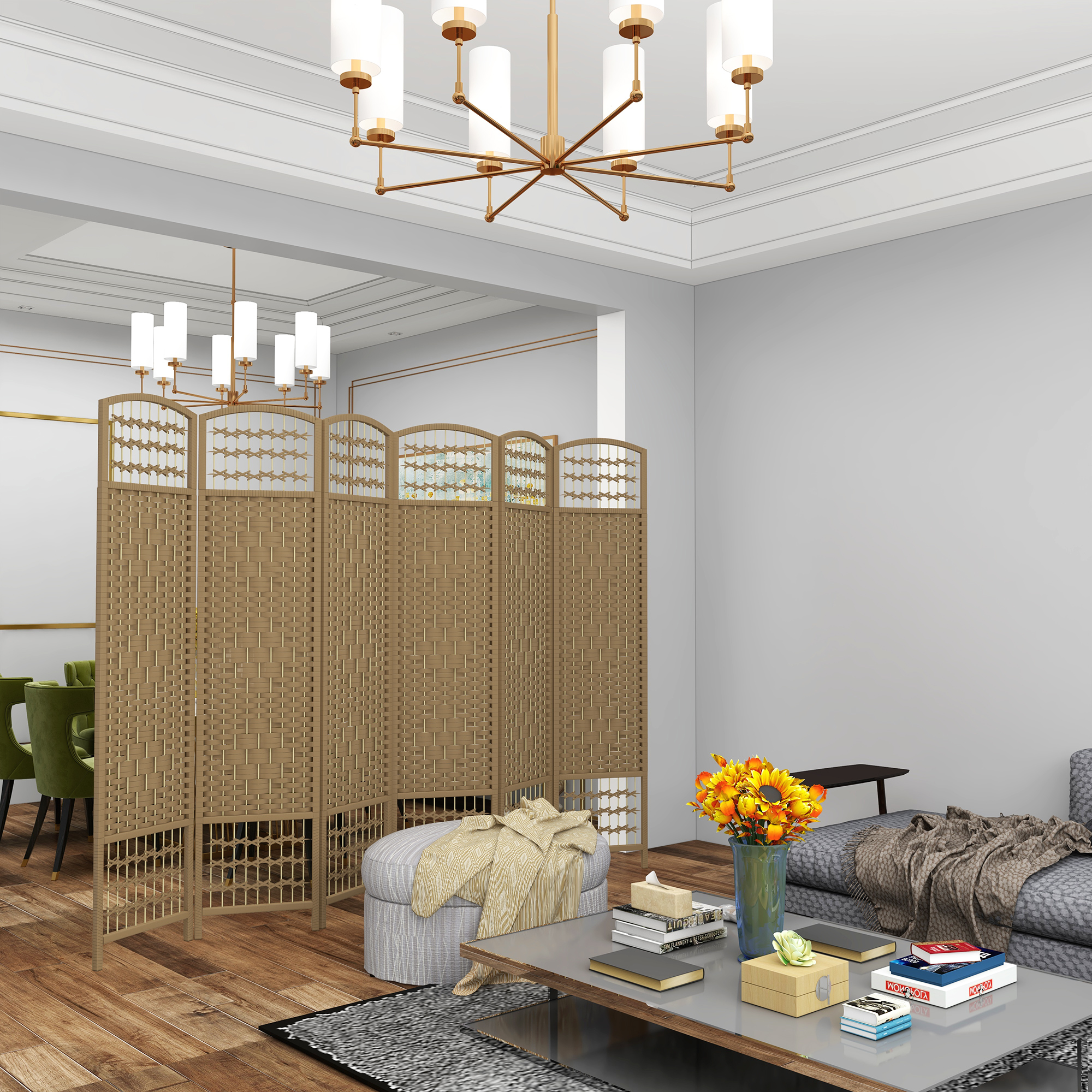 Sala de estar con separador, sofá, mesa de café y comedor.