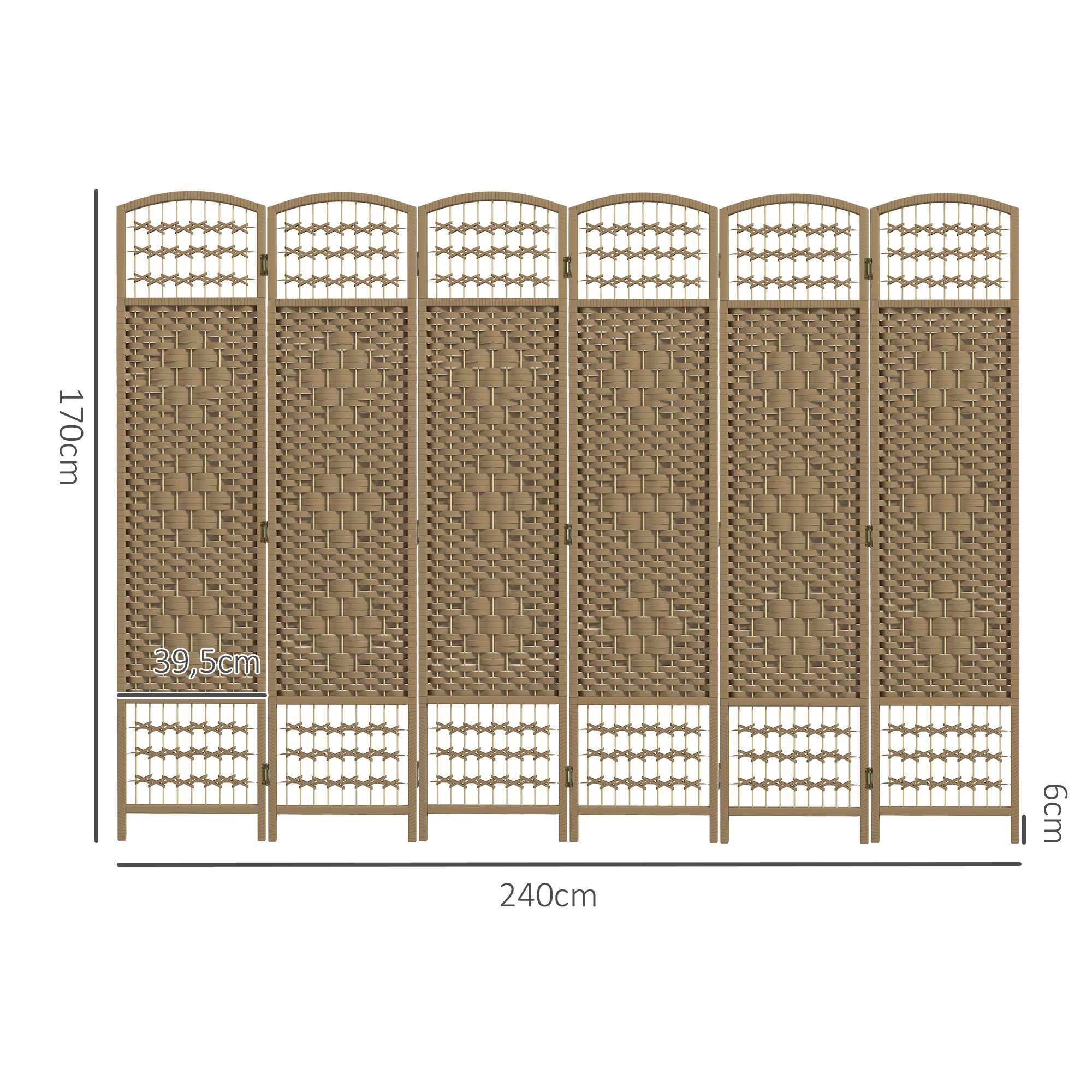 Divisor de ambientes marrón de 6 paneles, 170 cm de alto, 240 cm de ancho.