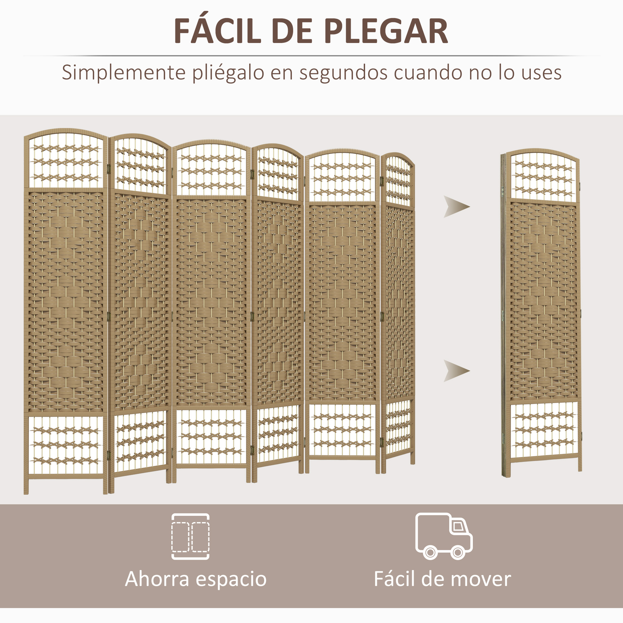 Un separador de ambientes marrón de seis paneles que se pliega.