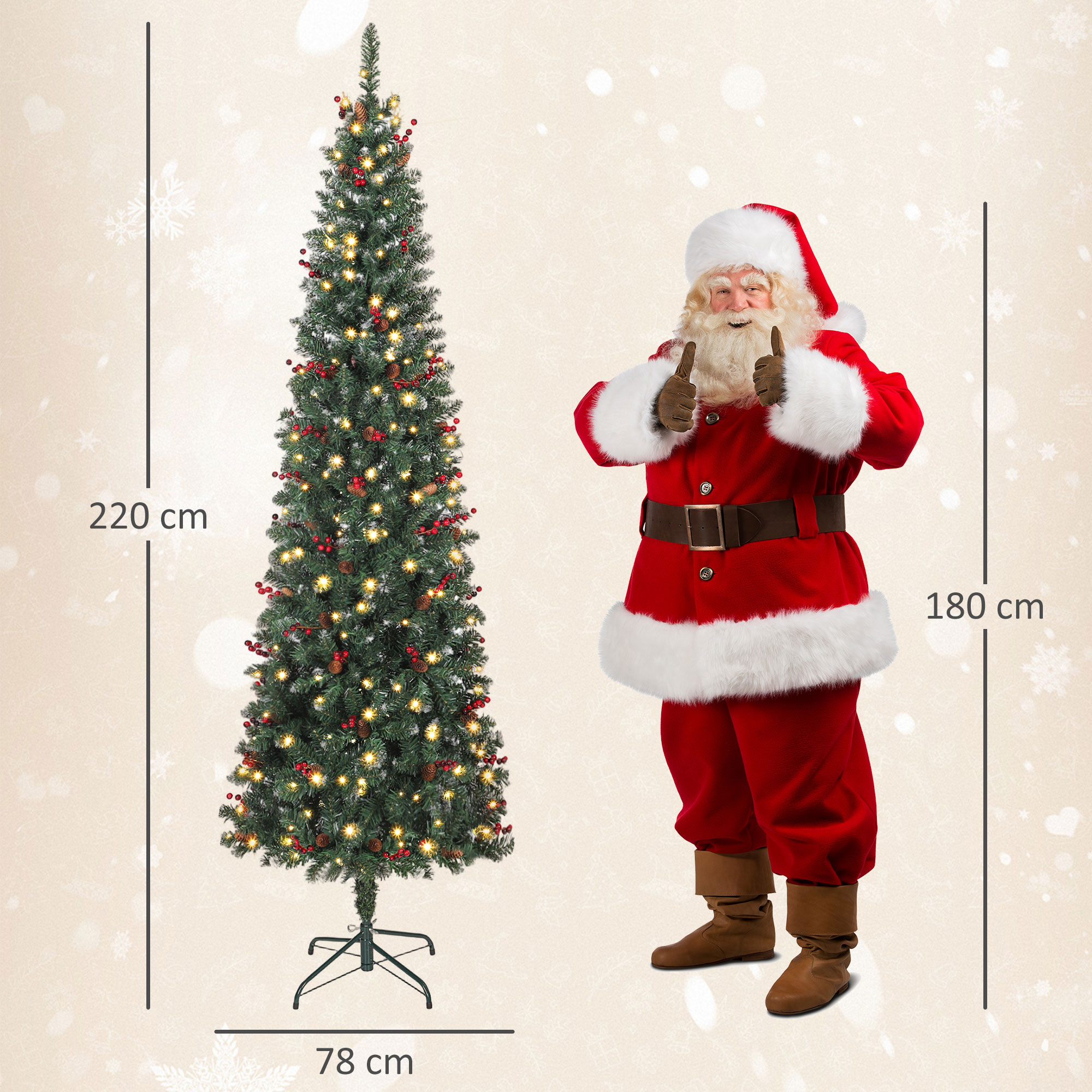Un árbol de Navidad de 2,2 m de altura junto a un Papá Noel de 1,8 m.
