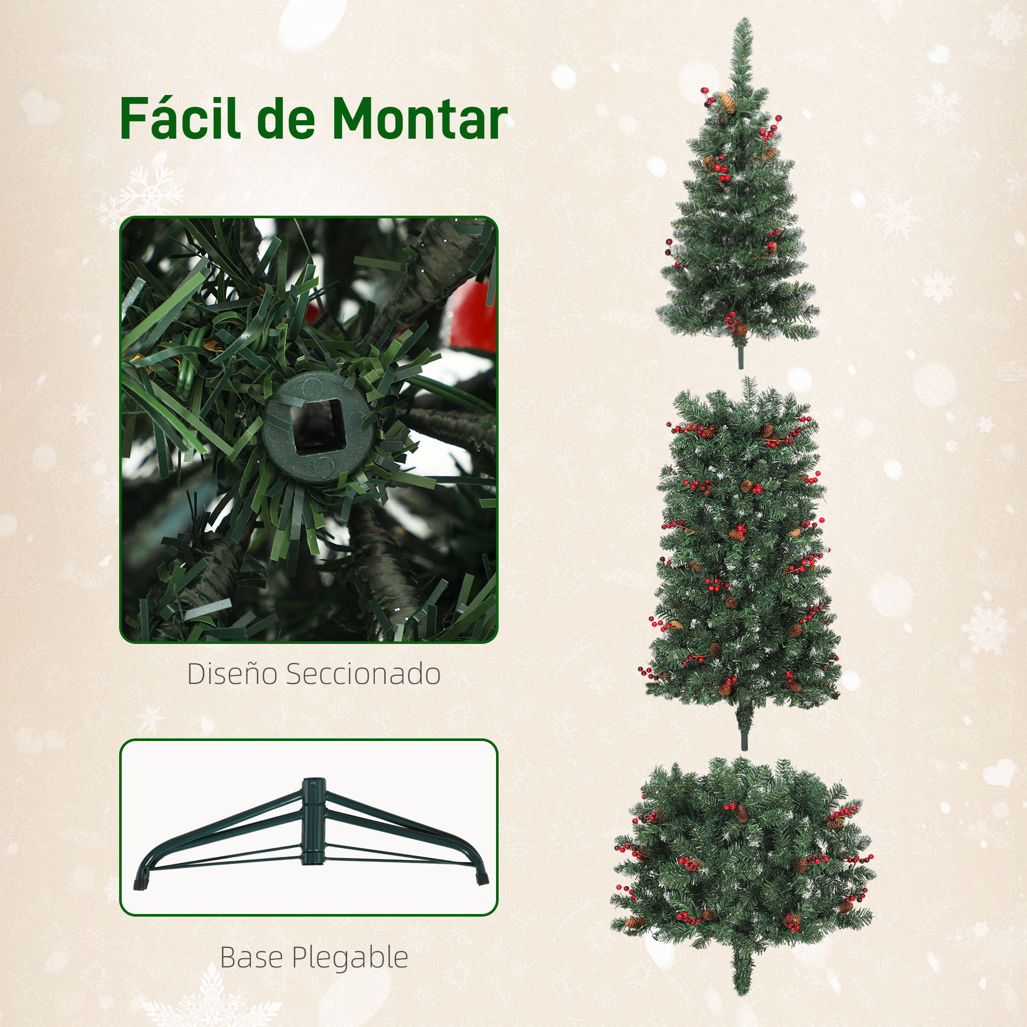 Un árbol de Navidad verde con bayas rojas y piñas, y una base plegable.