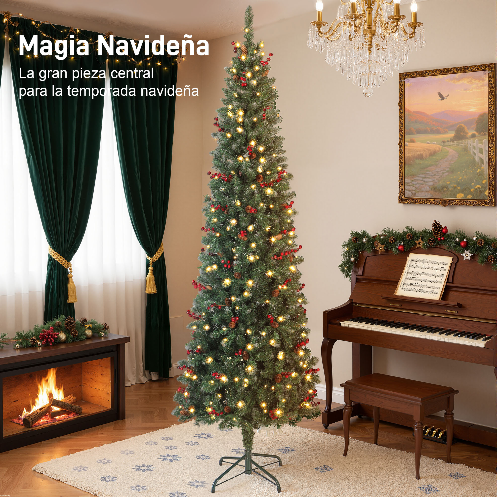 Un árbol de Navidad decorado junto a un piano y una chimenea.
