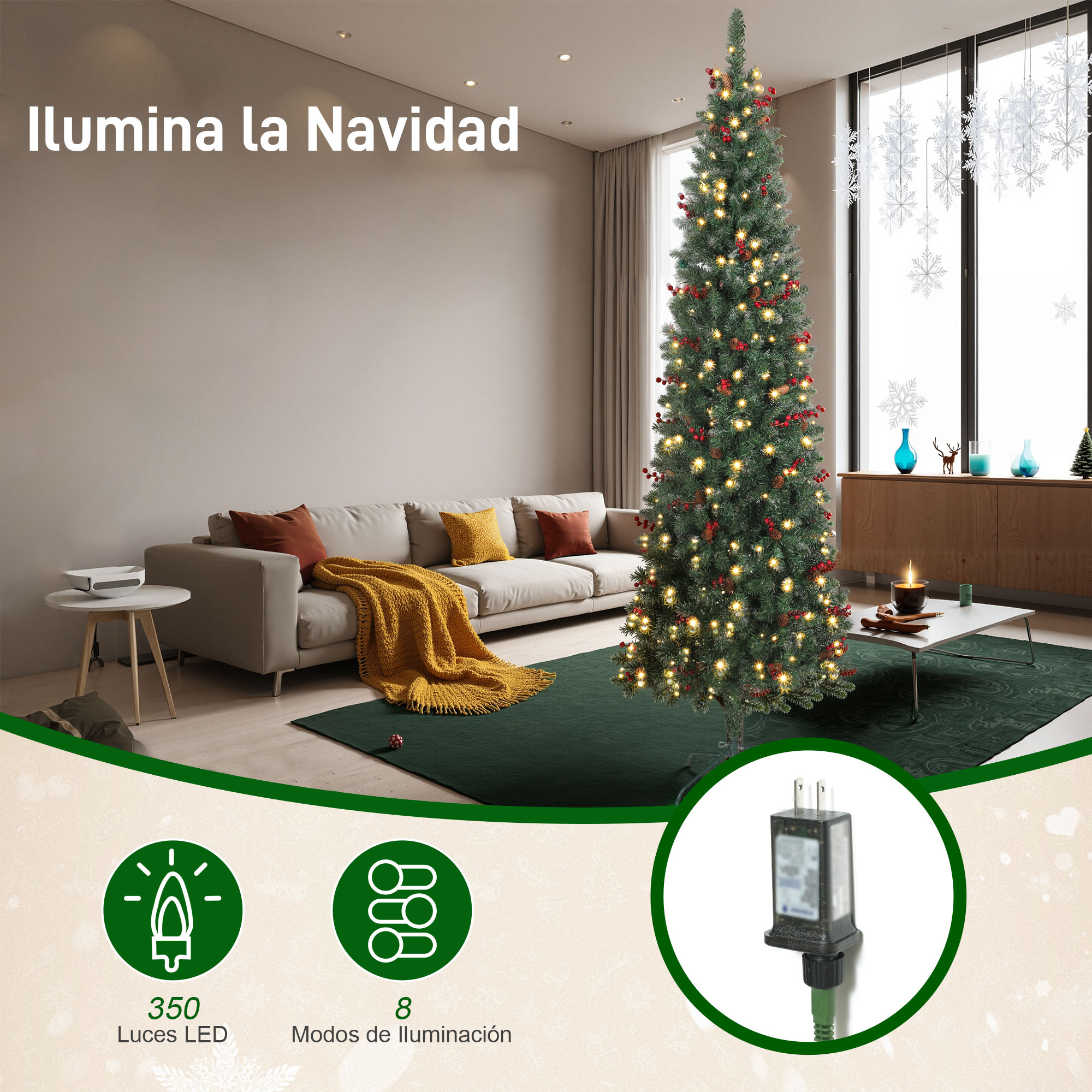 Un árbol de Navidad decorado con luces se alza junto a un sofá en una sala.