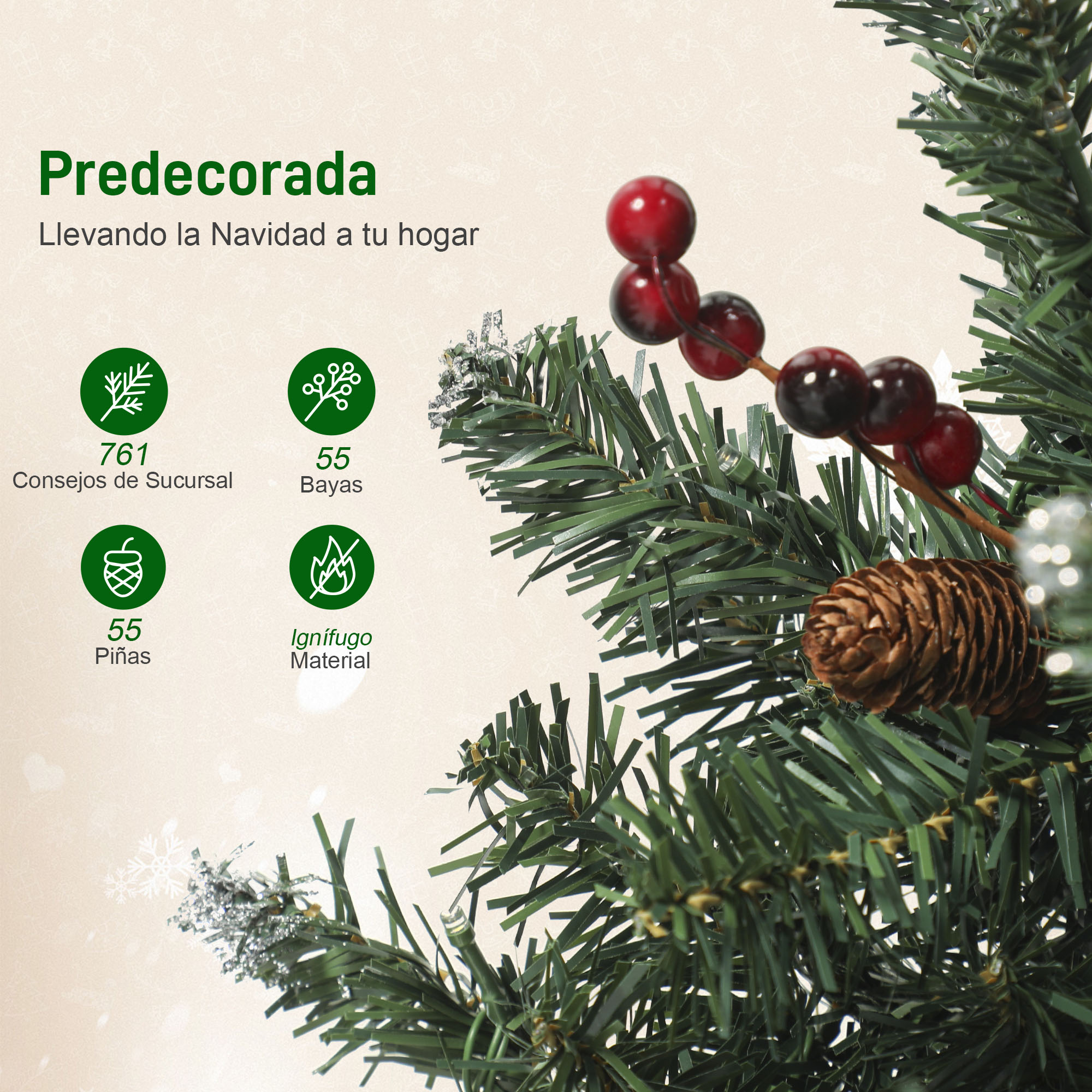 Árbol de Navidad decorado con bayas, piñas y luces.