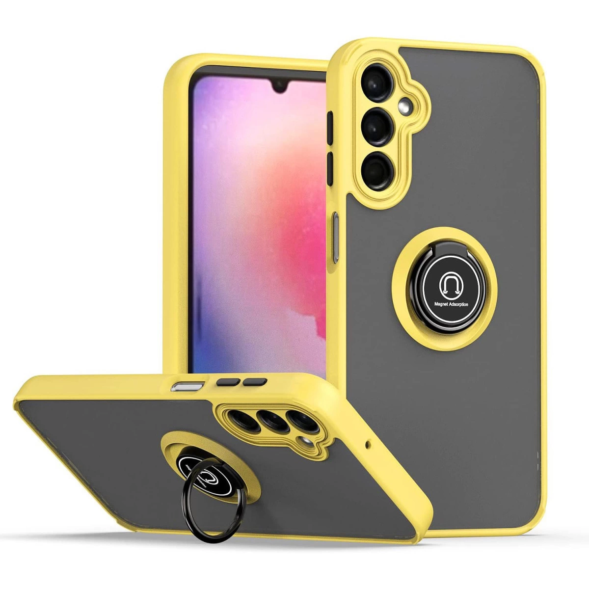Halka tutuculu ve şeffaf arkalı sarı telefon kılıfı beyaz zeminde.
