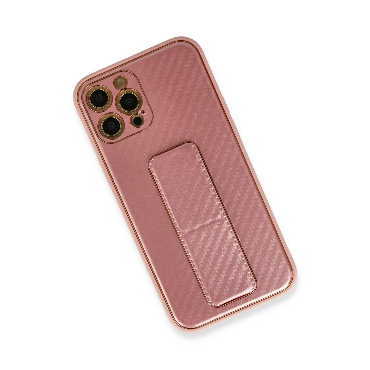 Üç kameralı, entegre stantlı, rose altın rengi telefon kılıfı.