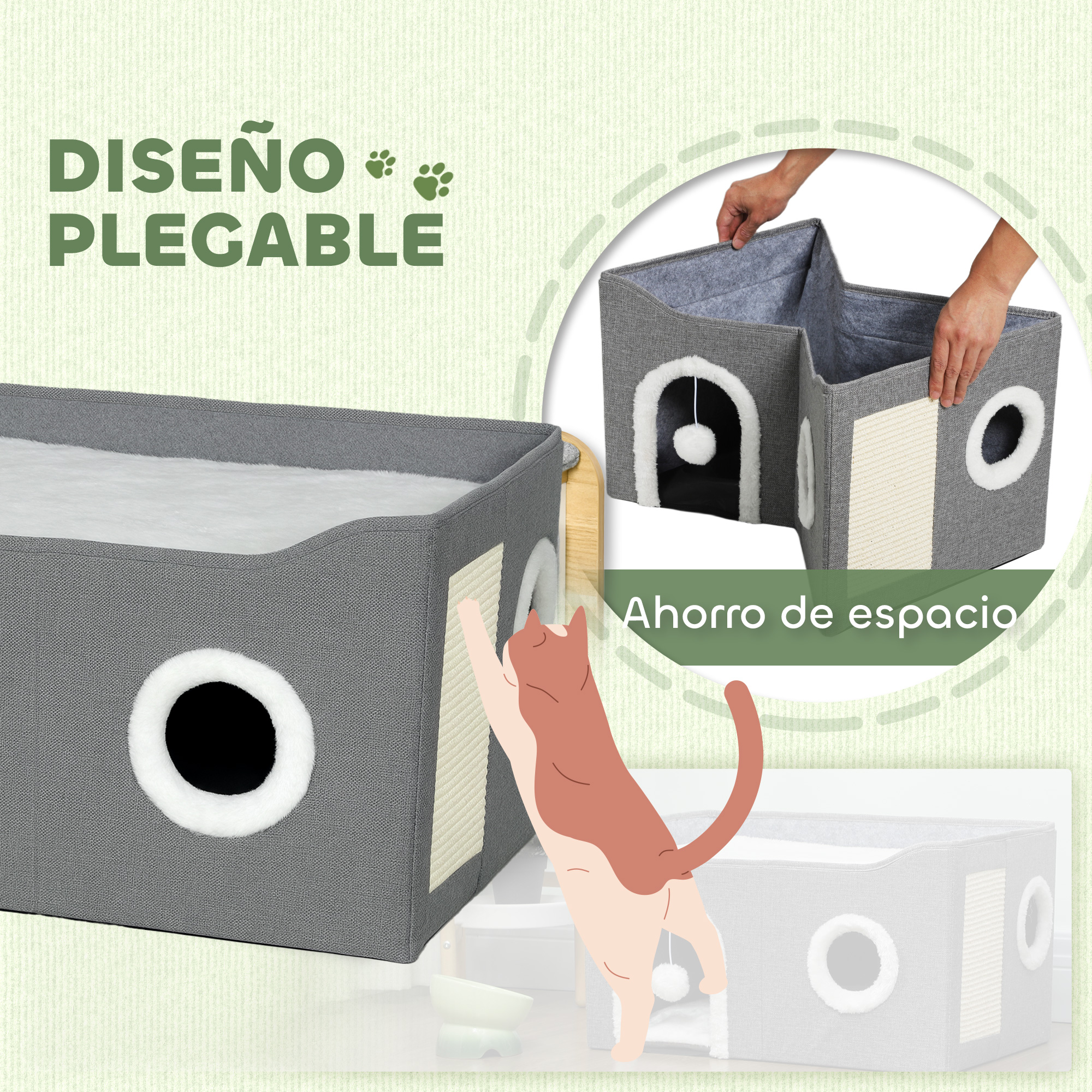 Cubo gris plegable para gatos con rascadores y entradas. Un gato juega con él.