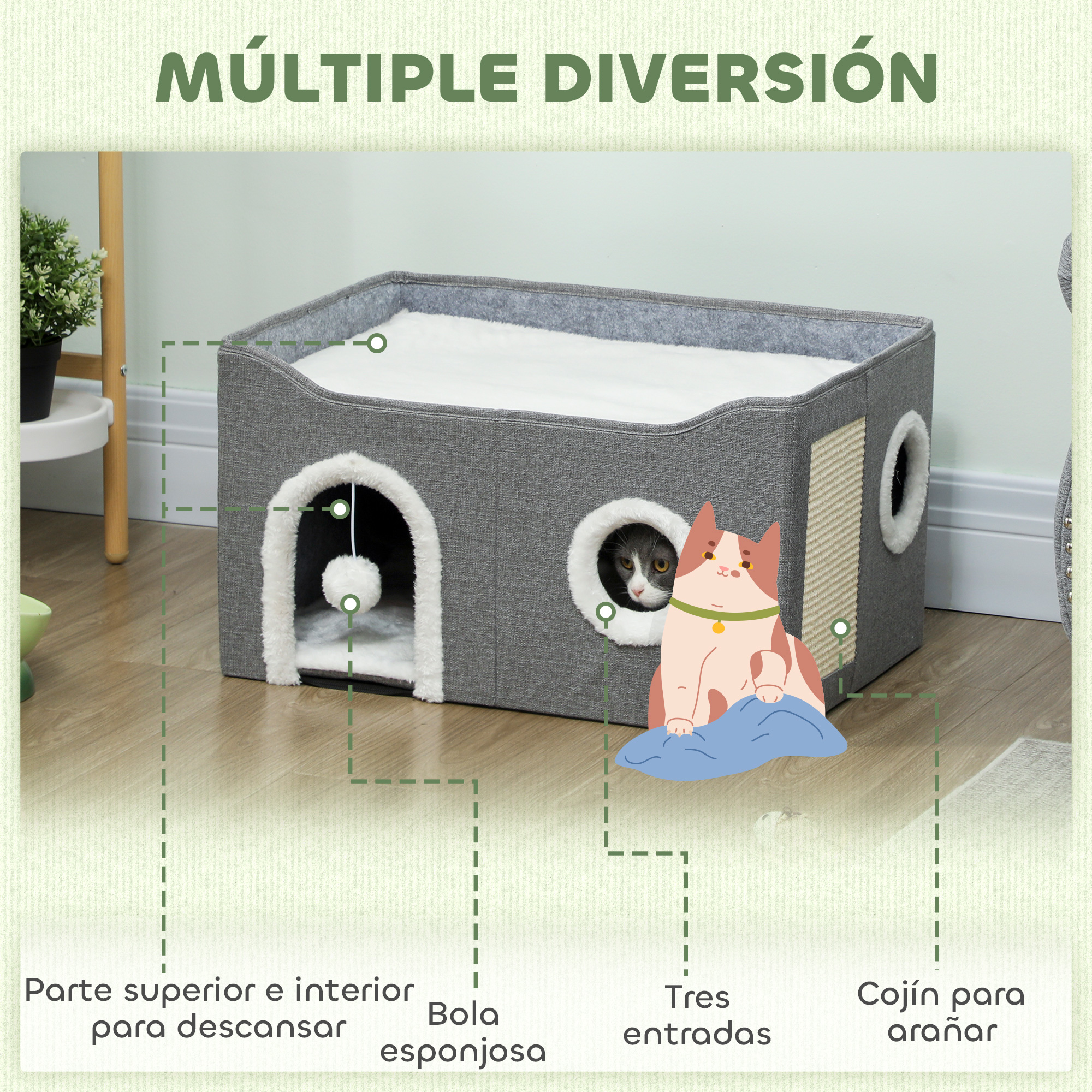 Casa gris para gatos con tres entradas, juguete y rascador. Un gato mira.