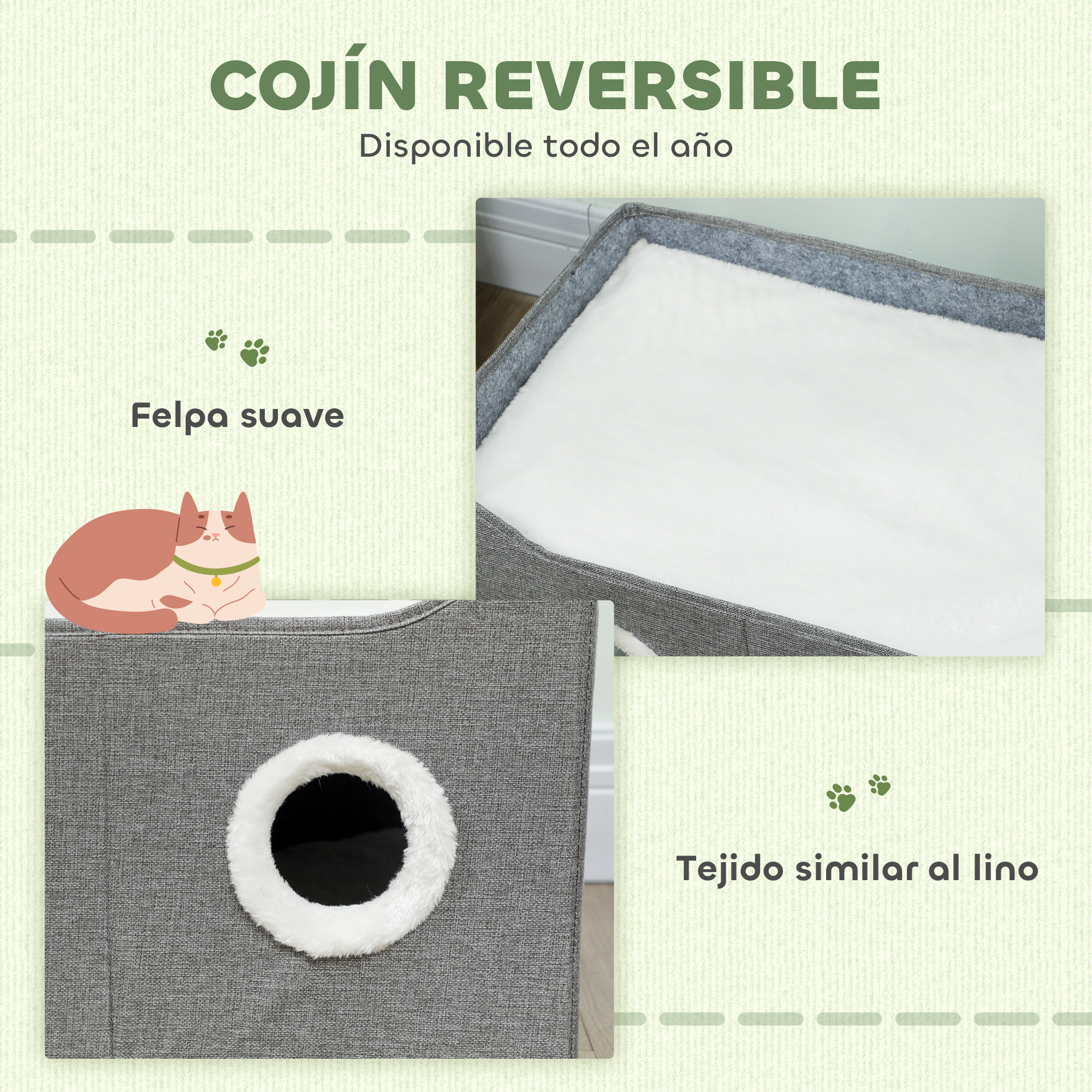 Cama gris para mascotas con inserto blanco suave y entrada.