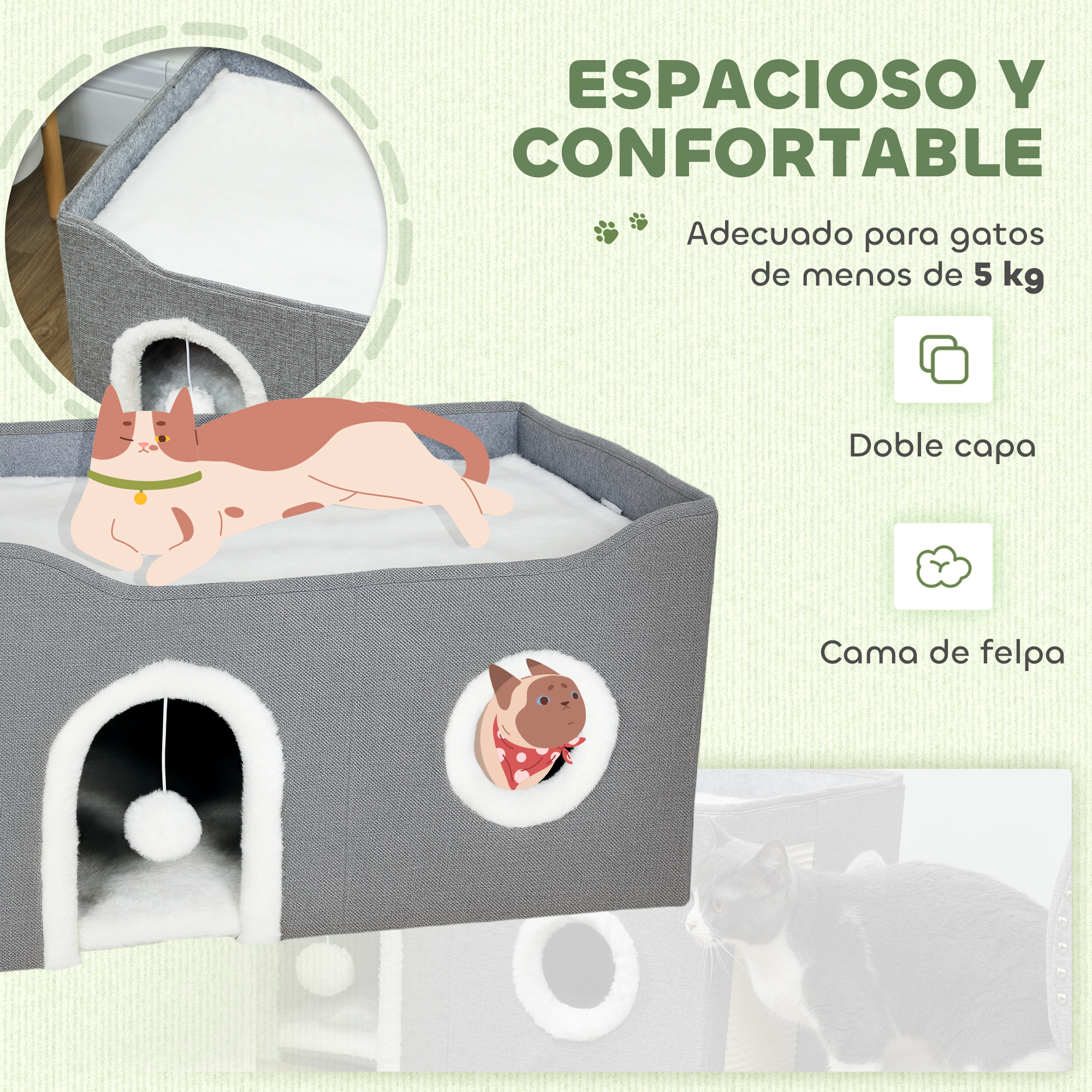 Torre gris para gatos de dos niveles y tres entradas. Un gato yace encima.