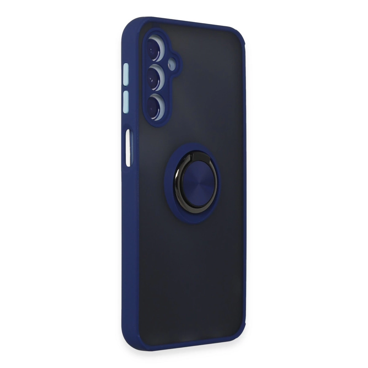 Halka tutuculu koyu mavi telefon kılıfı ve üç kamera lensi oyuğu.
