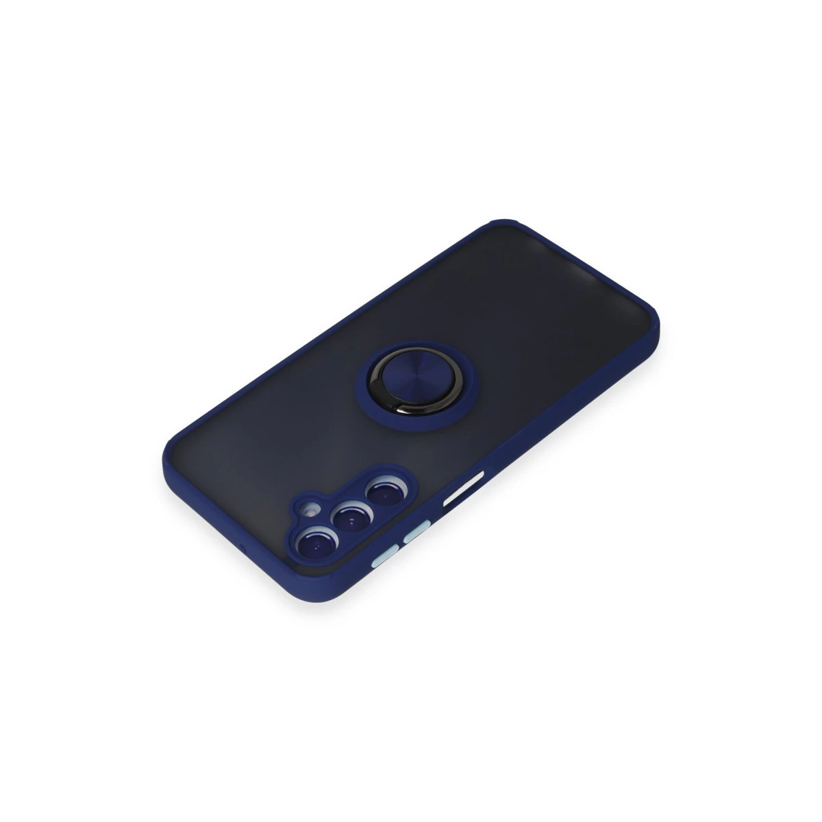 Halka tutuculu ve üç kamera lensli lacivert telefon kılıfı.