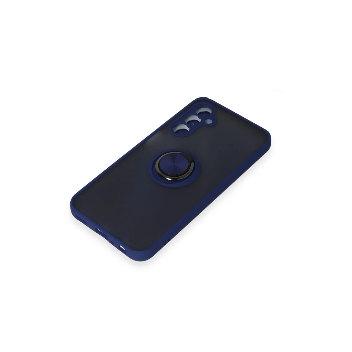 Gümüş halka tutuculu ve kamera kesimli lacivert telefon kılıfı.