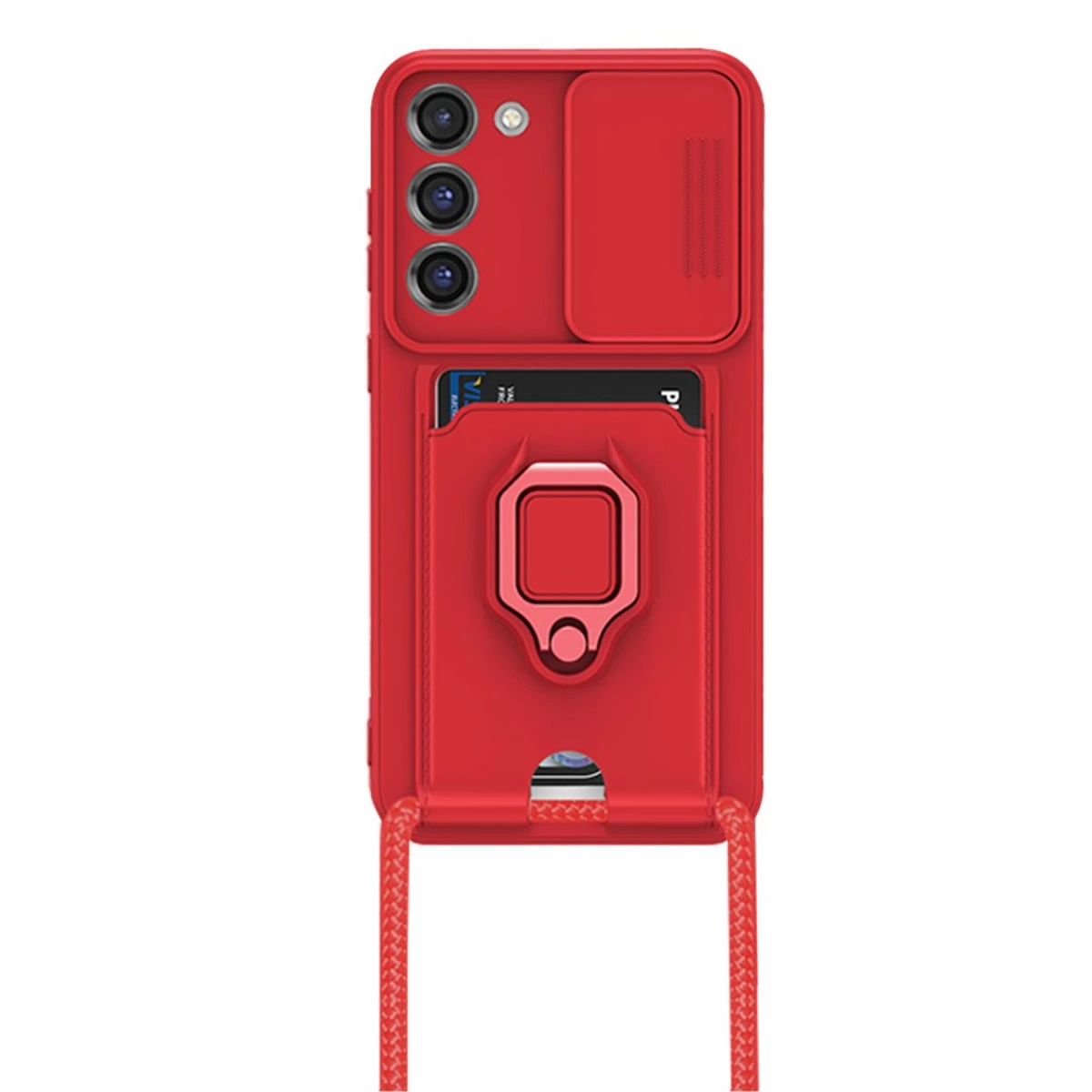 Kırmızı telefon kılıfı, kart tutucu, halka tutucu ve kayışlı.