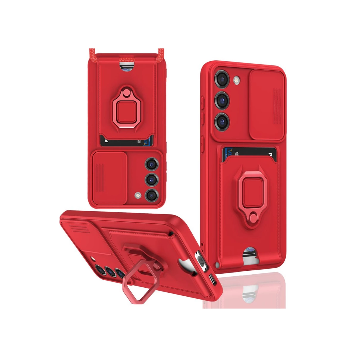 Kart tutuculu, stantlı ve askı halkalı kırmızı telefon kılıfı.