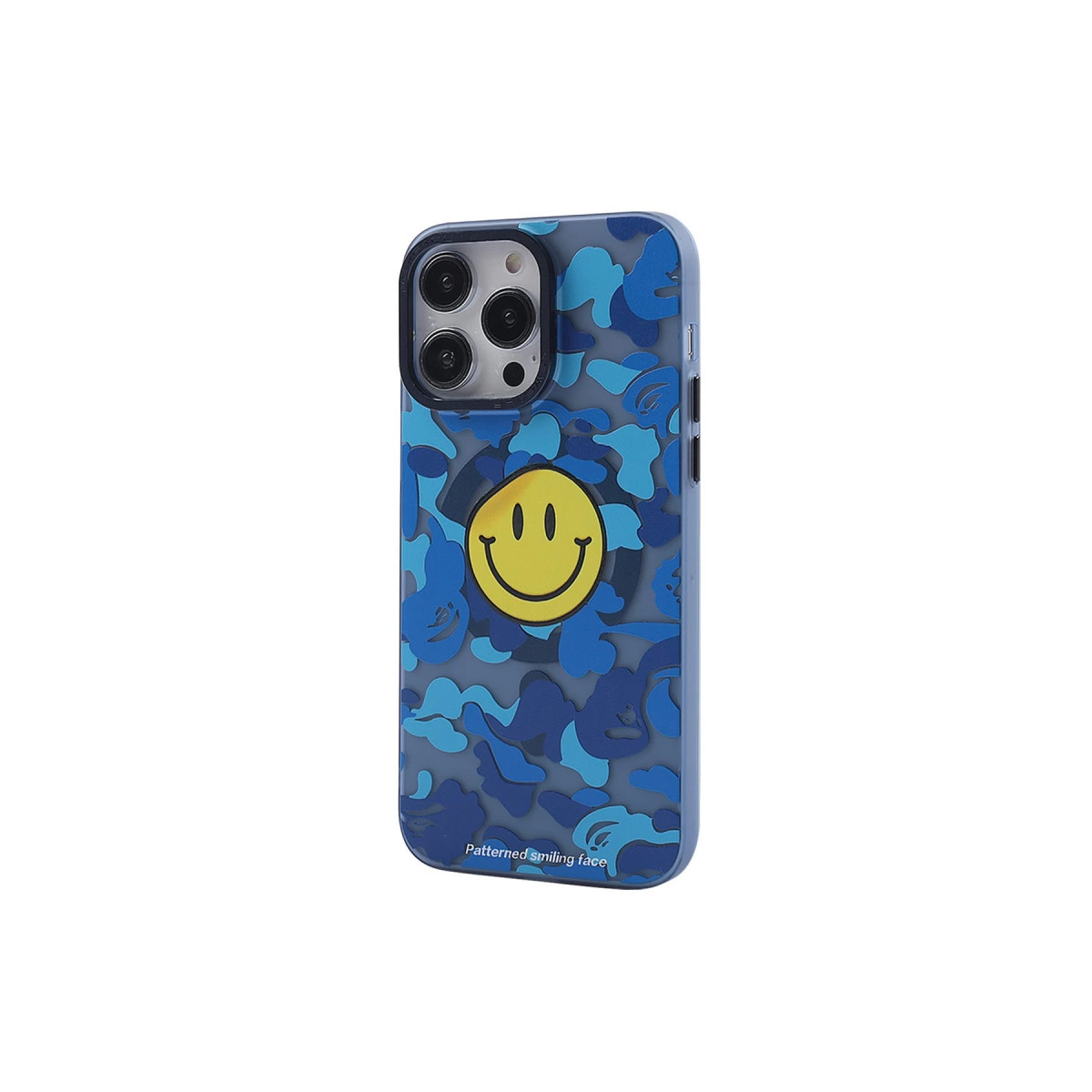 Kamuflaj desenli ve gülen yüzlü mavi telefon kılıfı.