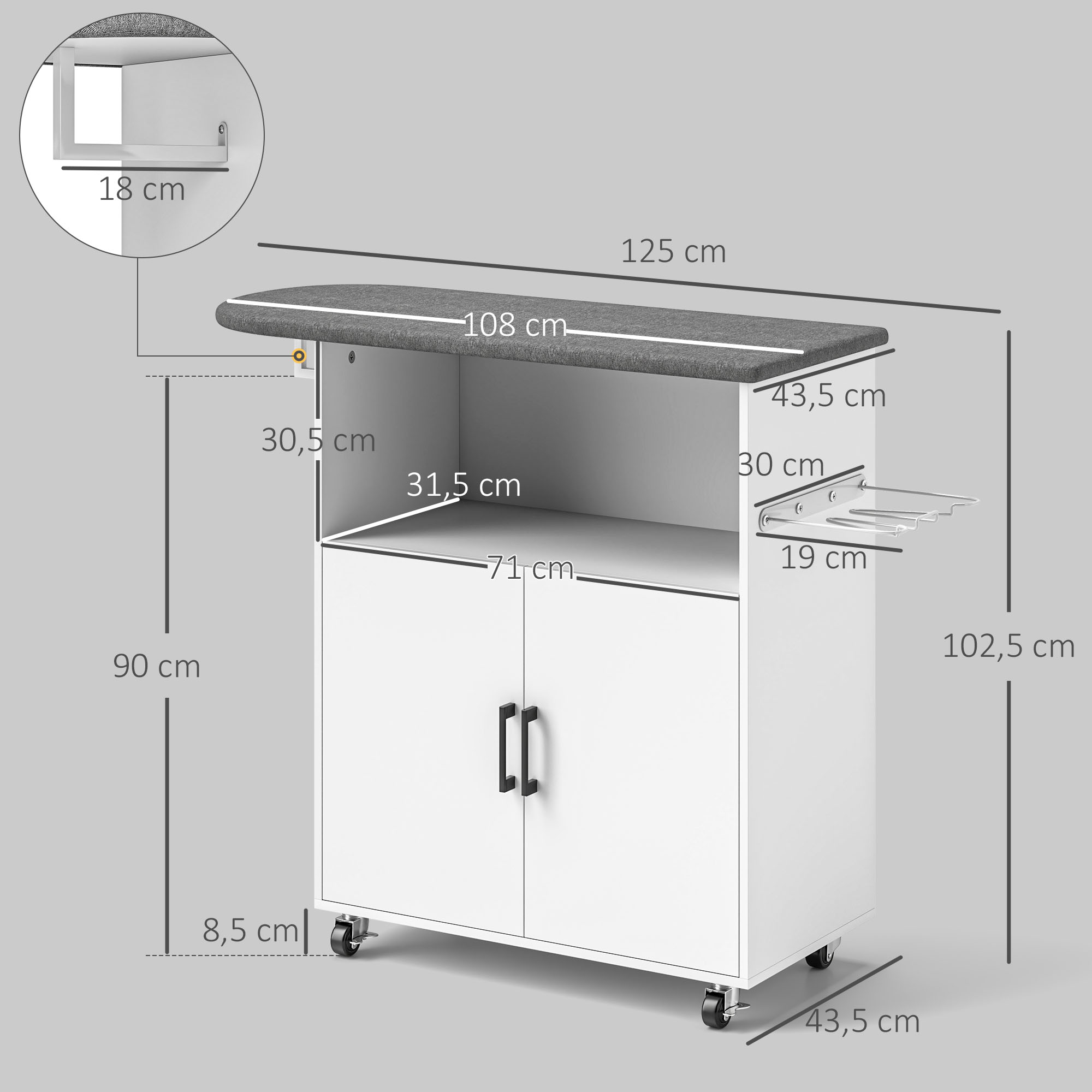 Carro de cocina blanco con tapa de tabla de planchar gris y puertas.