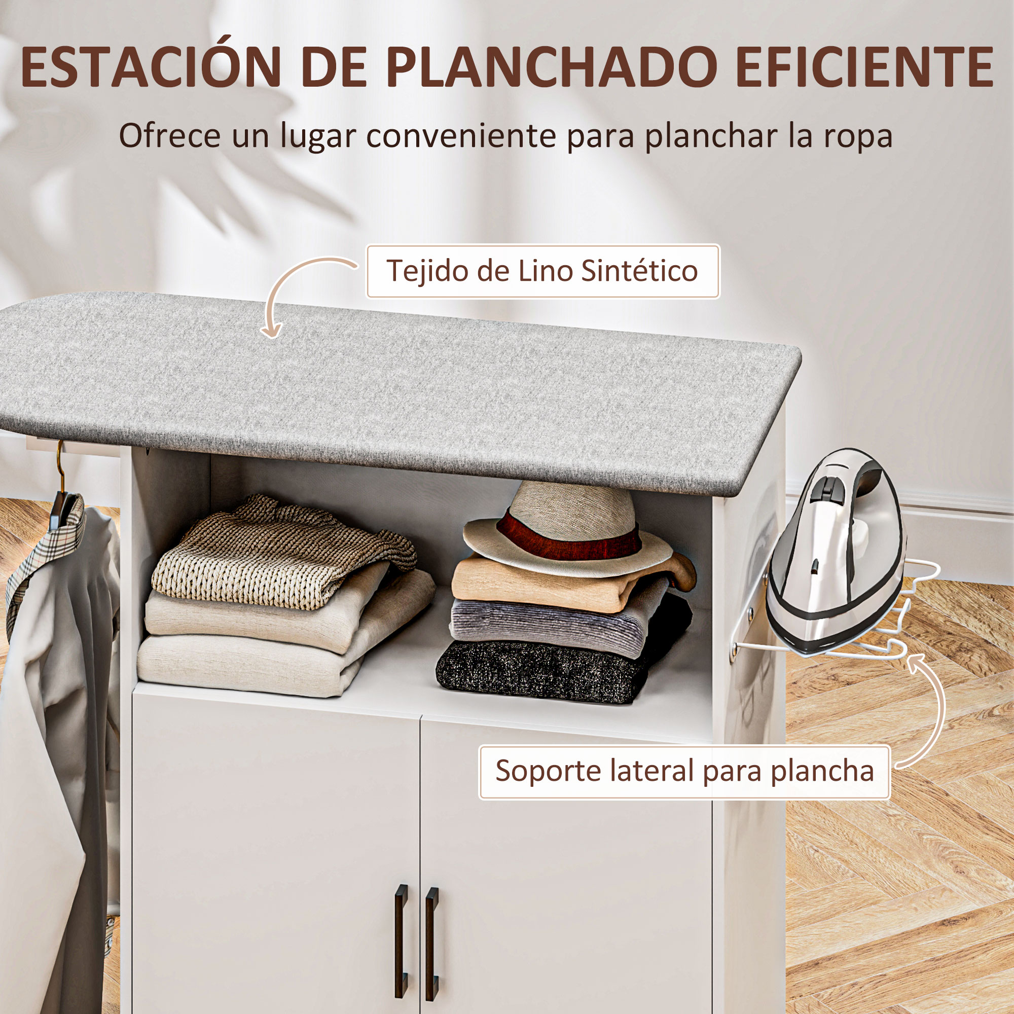 Una estación de planchado blanca con una tapa de lino sintético gris, estantes con ropa doblada, un sombrero y una plancha.