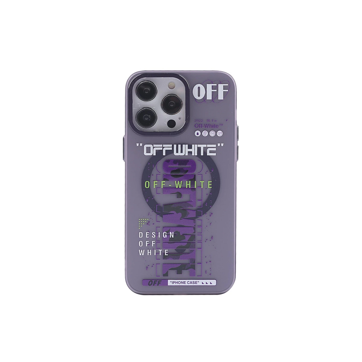 'OFF WHITE' ve 'DESIGN' baskılı mor iPhone kılıfı.