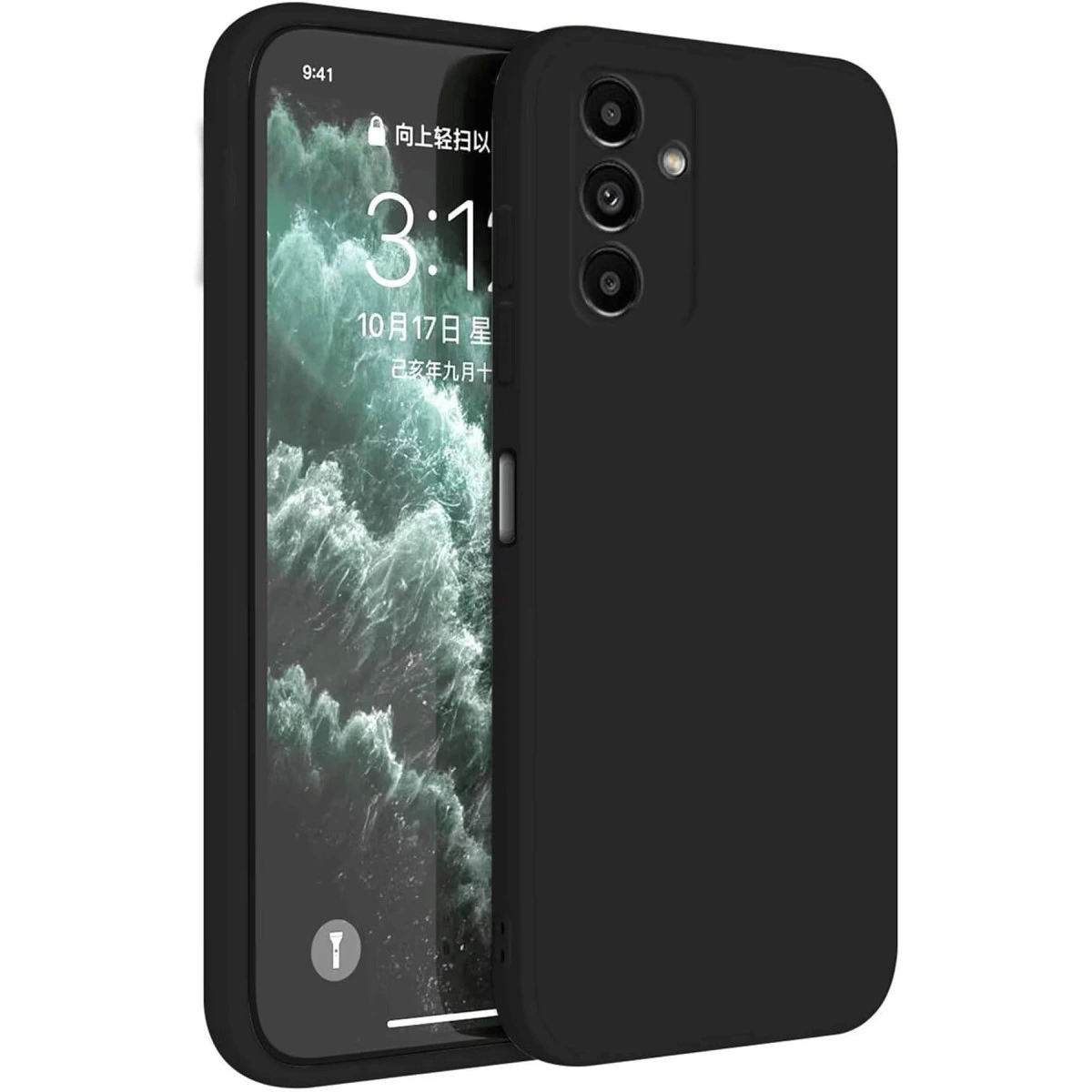 Saat ve tarih gösteren kamera modüllü ve ekranlı siyah telefon kılıfı.