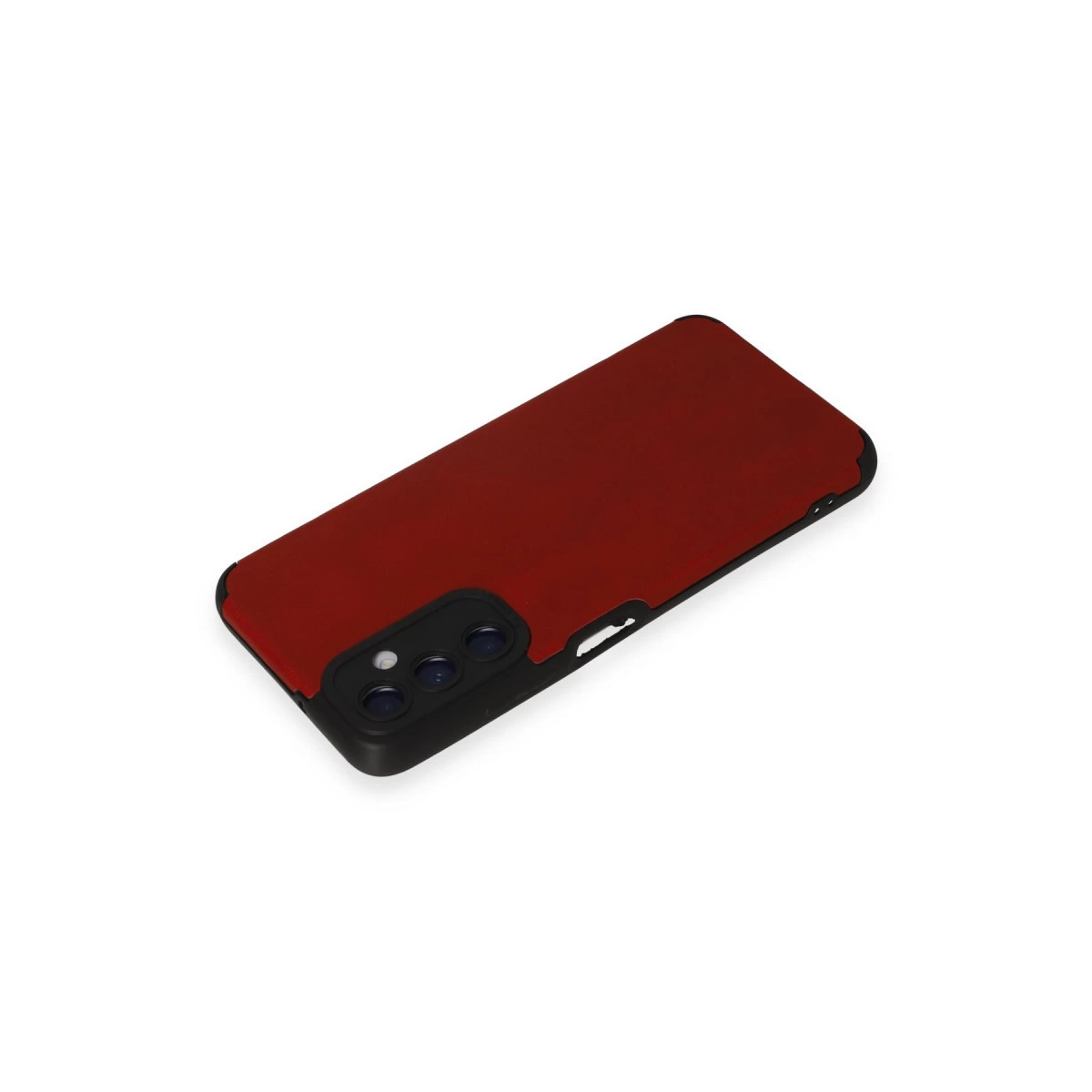 Siyah çerçeveli ve kamera modüllü kırmızı telefon kılıfı.