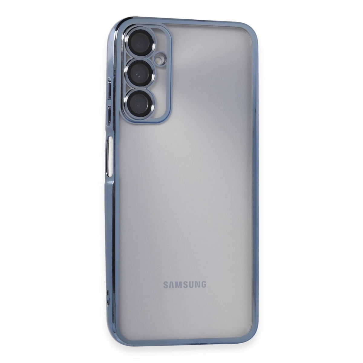 Üçlü kamera kesimi ve Samsung logosunu gösteren mavi kenarlı şeffaf telefon kılıfı.