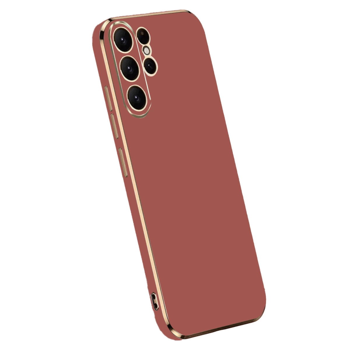 Altın kenarlı ve kamera kesimli kırmızı telefon kılıfı.