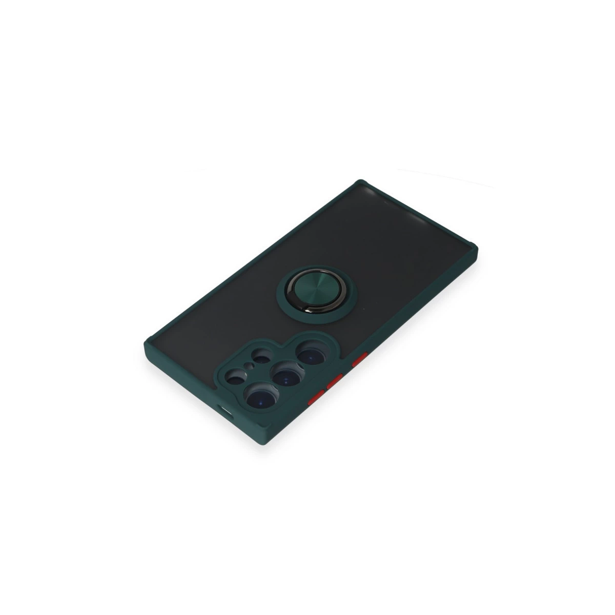 Halka tutuculu ve kamera oyuklu koyu yeşil telefon kılıfı.
