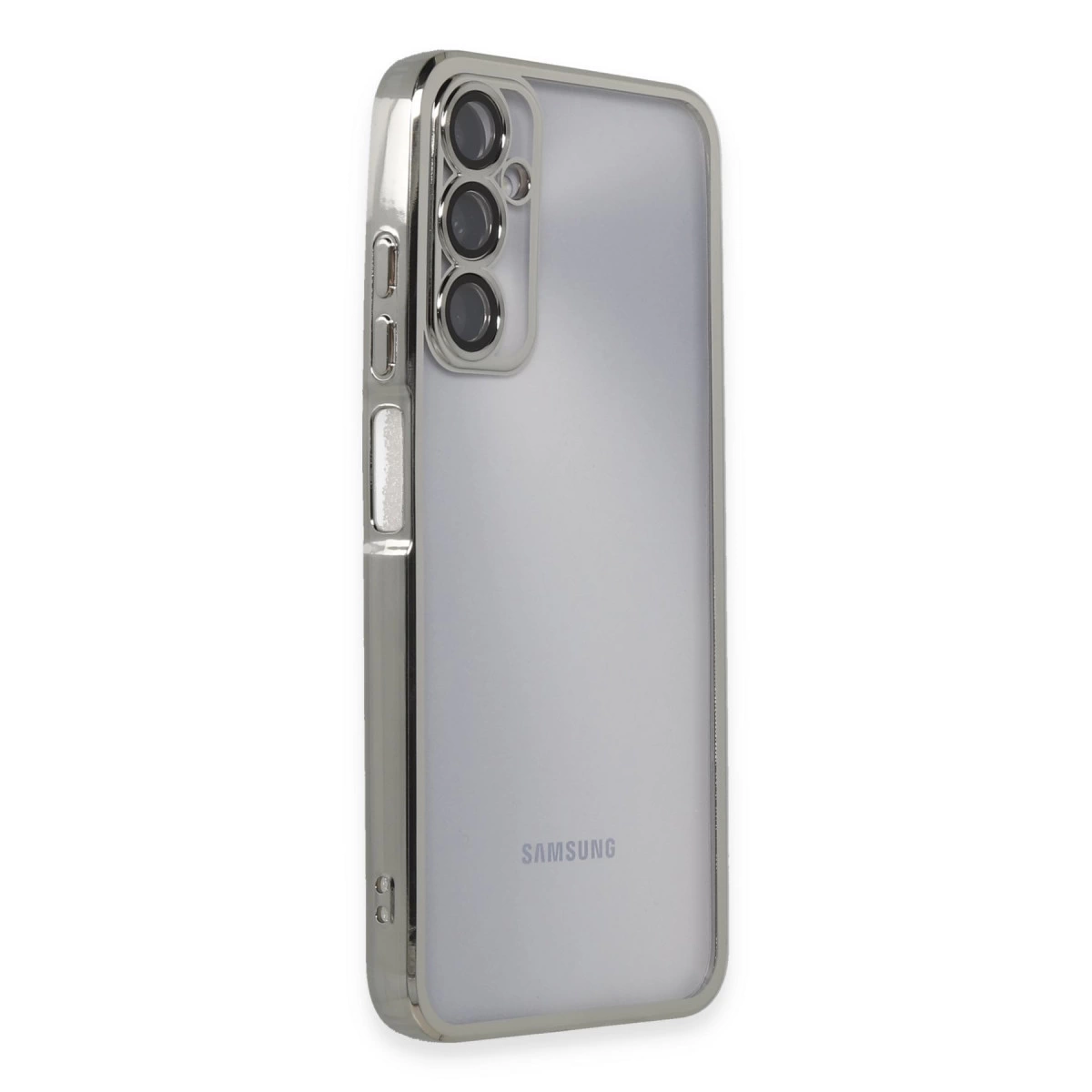 Üç kameralı ve Samsung logolu gümüş telefon kılıfı.