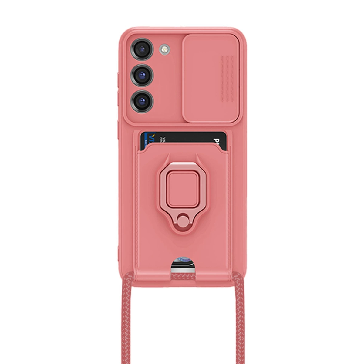 Kamera kapaklı, kart yuvalı ve halka tutuculu pembe telefon kılıfı.