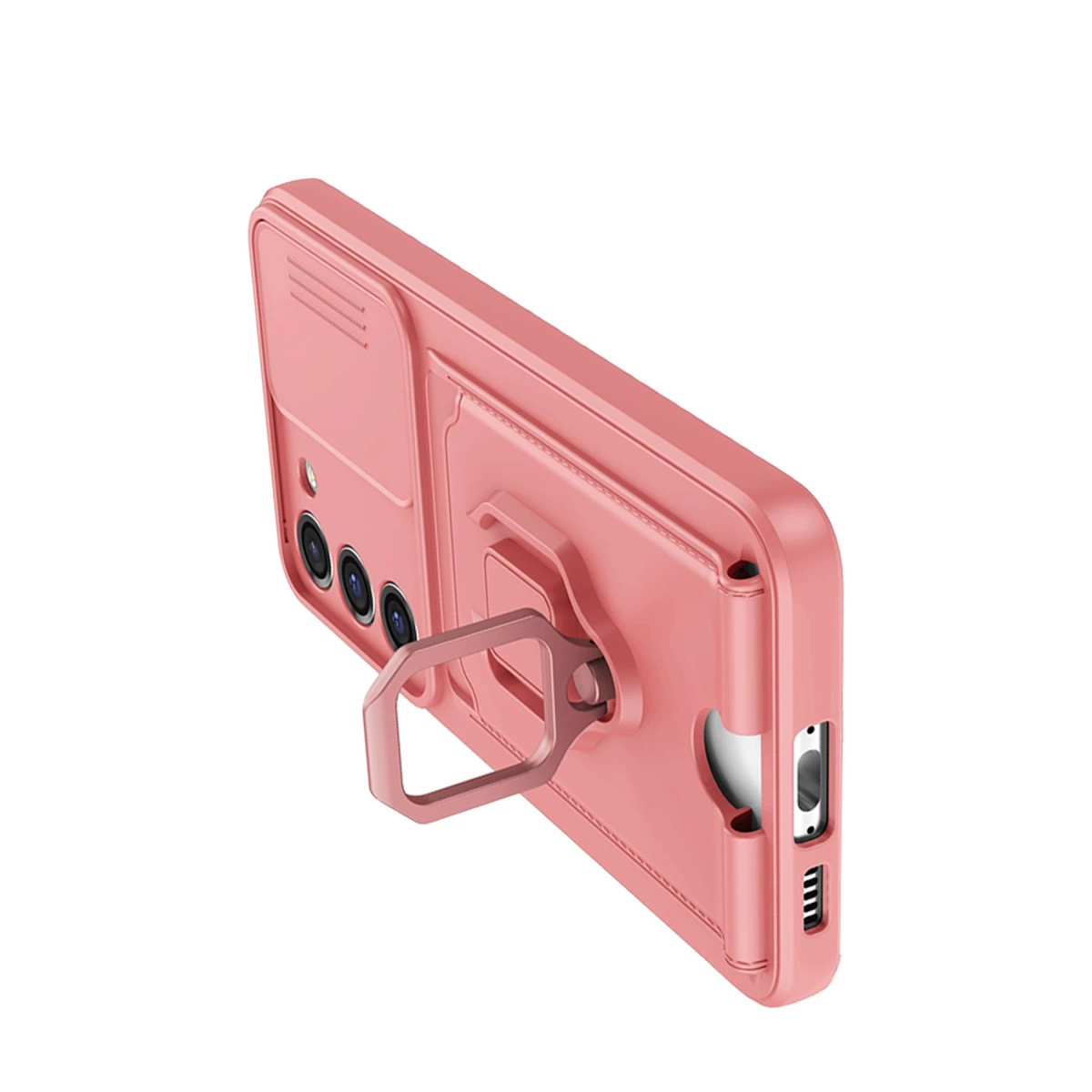 Halka standlı ve kamera kapaklı pembe telefon kılıfı.