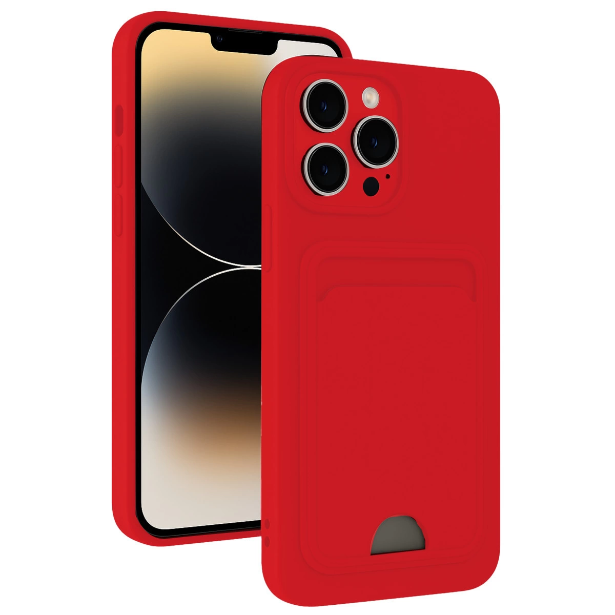 Kart yuvalı kırmızı telefon kılıfı, üç kameralı iPhone.