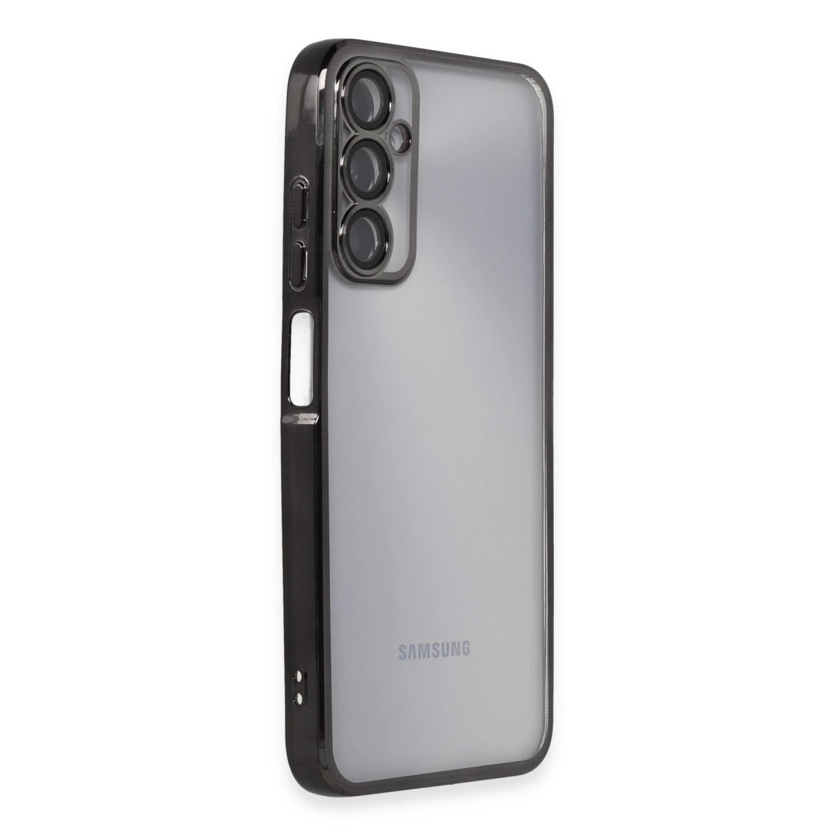 Üç kamera lensli ve Samsung logolu siyah telefon kılıfı.