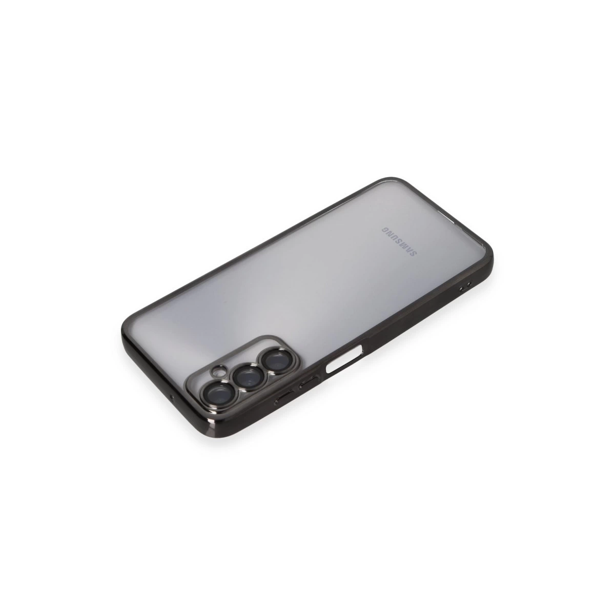 Üç kamera lensi gösteren, koyu kenarlıklı şeffaf telefon kılıfı.