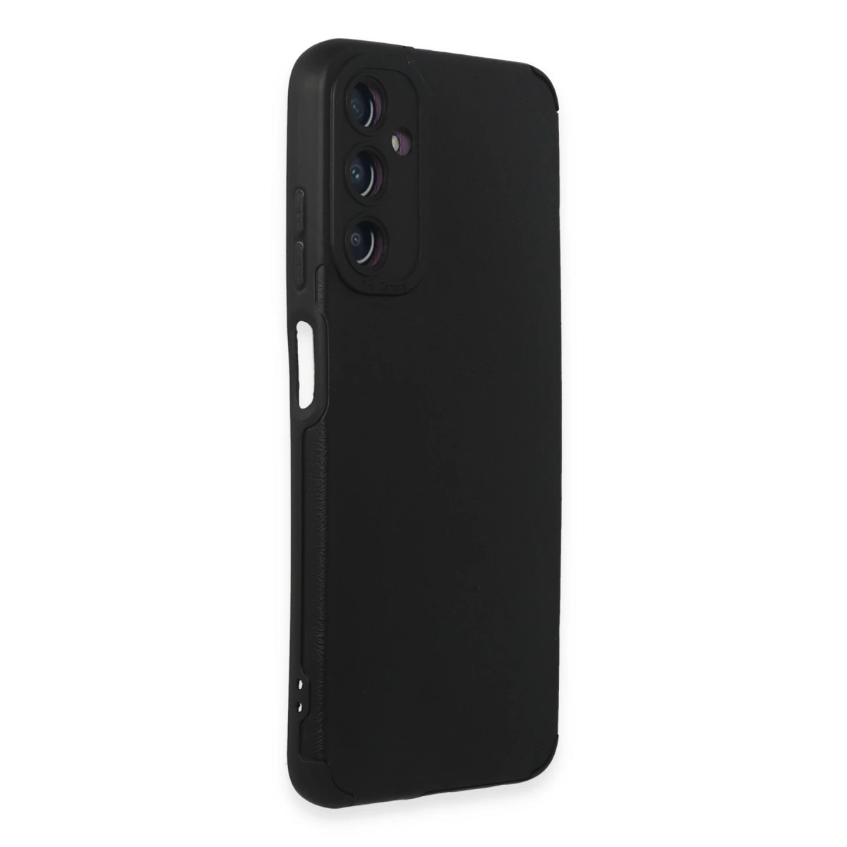 Üç kamera lensli ve yan düğmeli siyah telefon kılıfı.