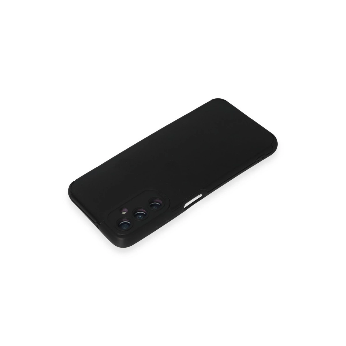 Kamera lensi kesimli siyah telefon kılıfı, beyaz arka plan üzerinde.