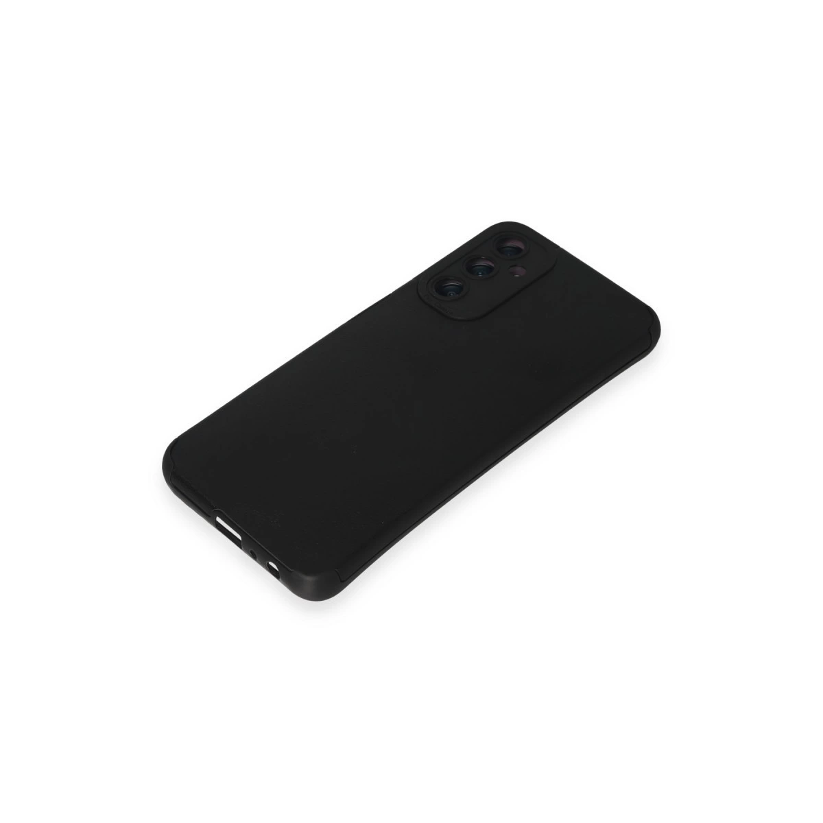 Arkada üç kamera lensi olan siyah akıllı telefon kılıfı.