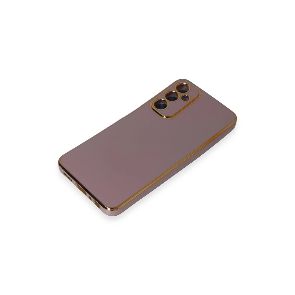 Beyaz arka plan üzerinde altın kenarlı ve kamera oyuklu mor telefon kılıfı.