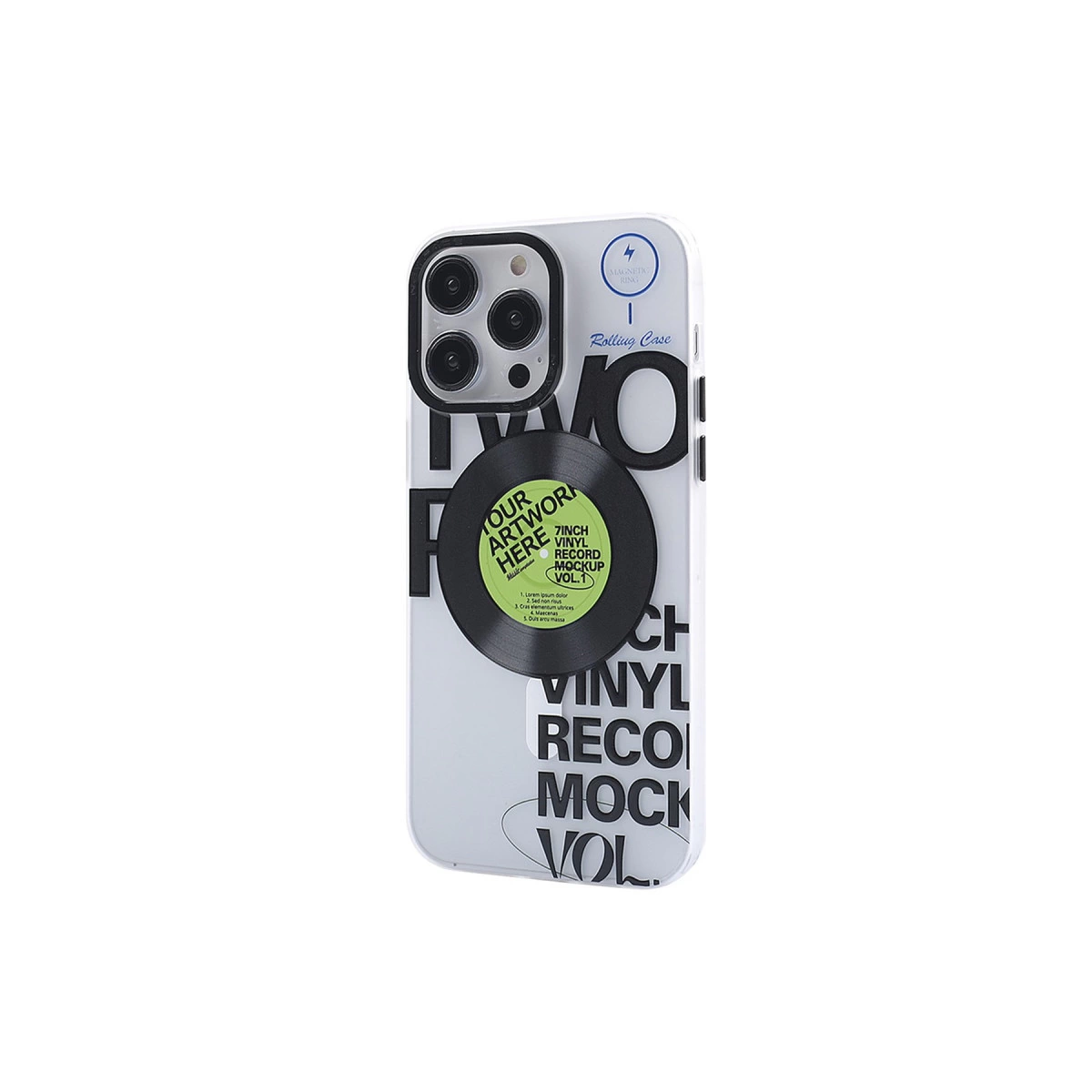 Vinil kayıt tasarımı ve metinli iPhone kılıfı. Beyaz arka.