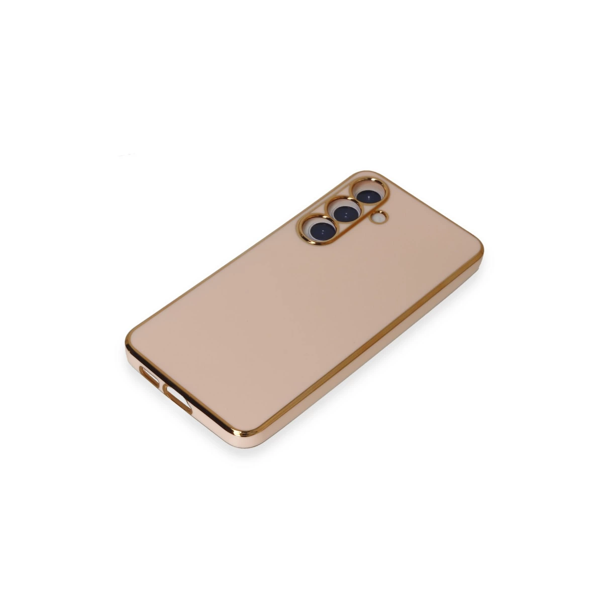 Üç kamera lensli ve altın kenarlıklı, roze altın rengi telefon kılıfı.