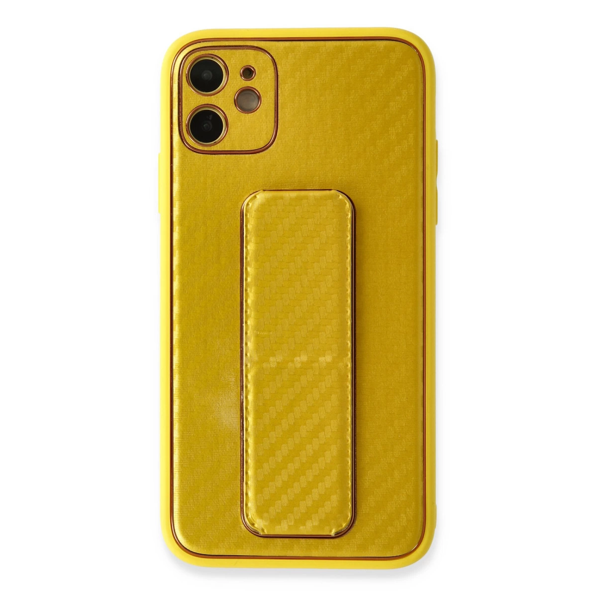 Kameralı ve tutuculu sarı telefon kılıfı.