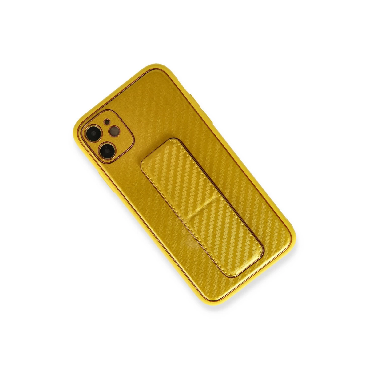 Karbon desenli ve tutamaklı sarı telefon kılıfı beyaz zeminde.