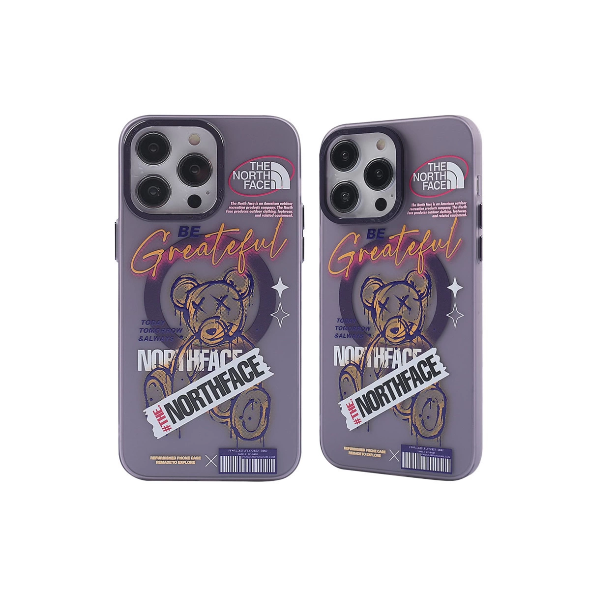 North Face logosu ve ayıcık tasarımlı iki mor iPhone kılıfı.