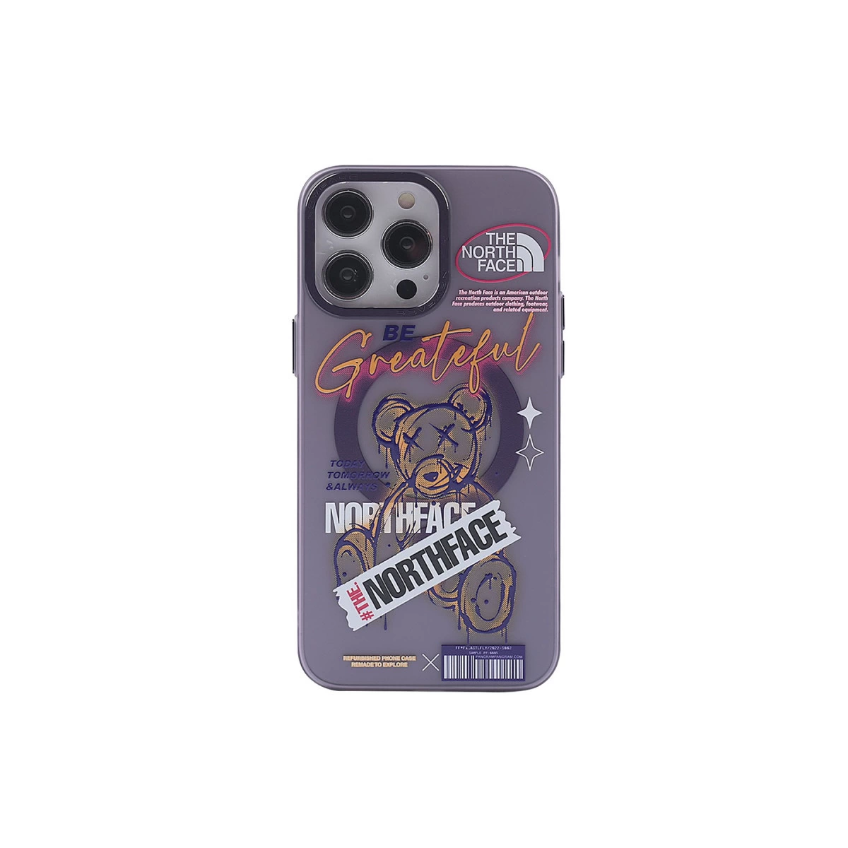 Teddy ayı grafiği, North Face logosu ve yazı içeren mor telefon kılıfı.